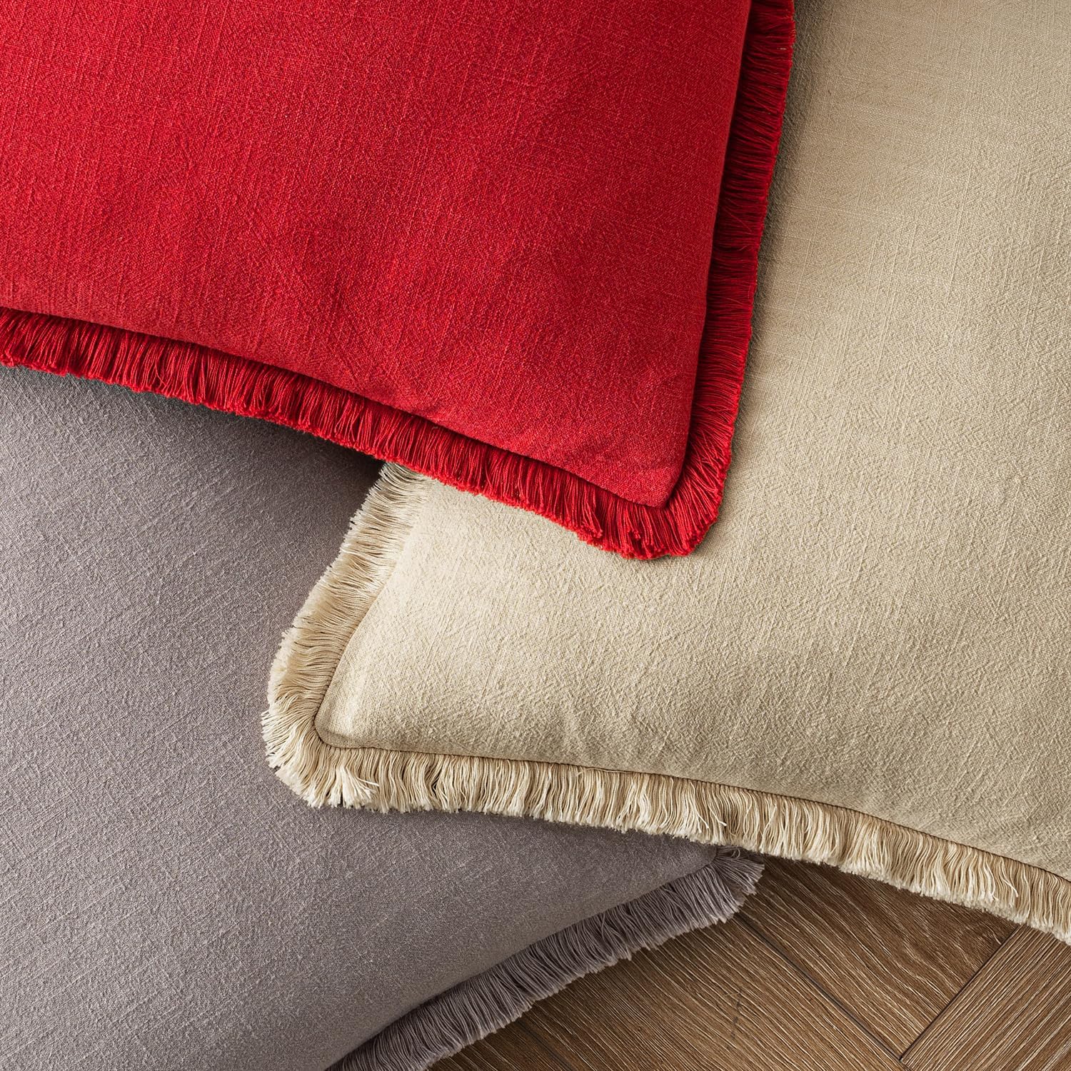 Miulee Decorative Throw Pillow Covers Neutral Linen Fringe Throw Pillows Set of 2 Red Boho Farmhouse Cushion Covers with Tassels for Couch…