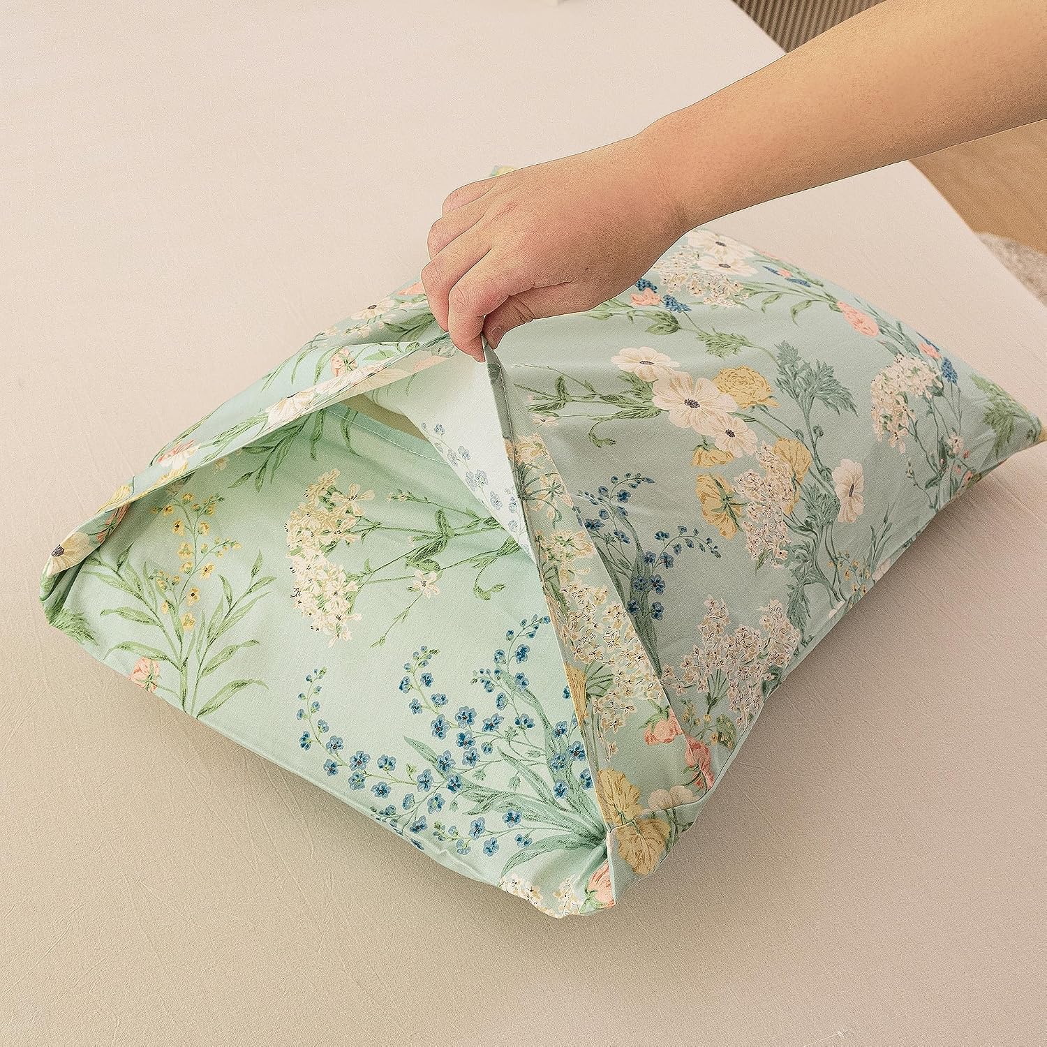 ECOCOTT Sage Green Floral Pillowcases Standard Size Set of 2, 100% Washed Cotton Pillow Cases with Envelope Closure, Botanical Wildflower…