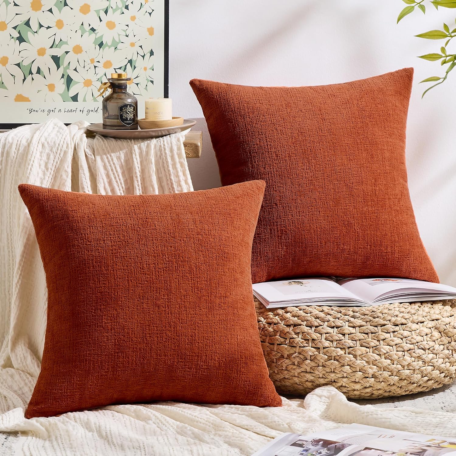 Gawamay Set of 2 Soft Textured Chenille Throw Pillow Covers 22x22 Inch (55x55 CM), Decorative Pillowcases Cushion Covers for Farmhouse Home…