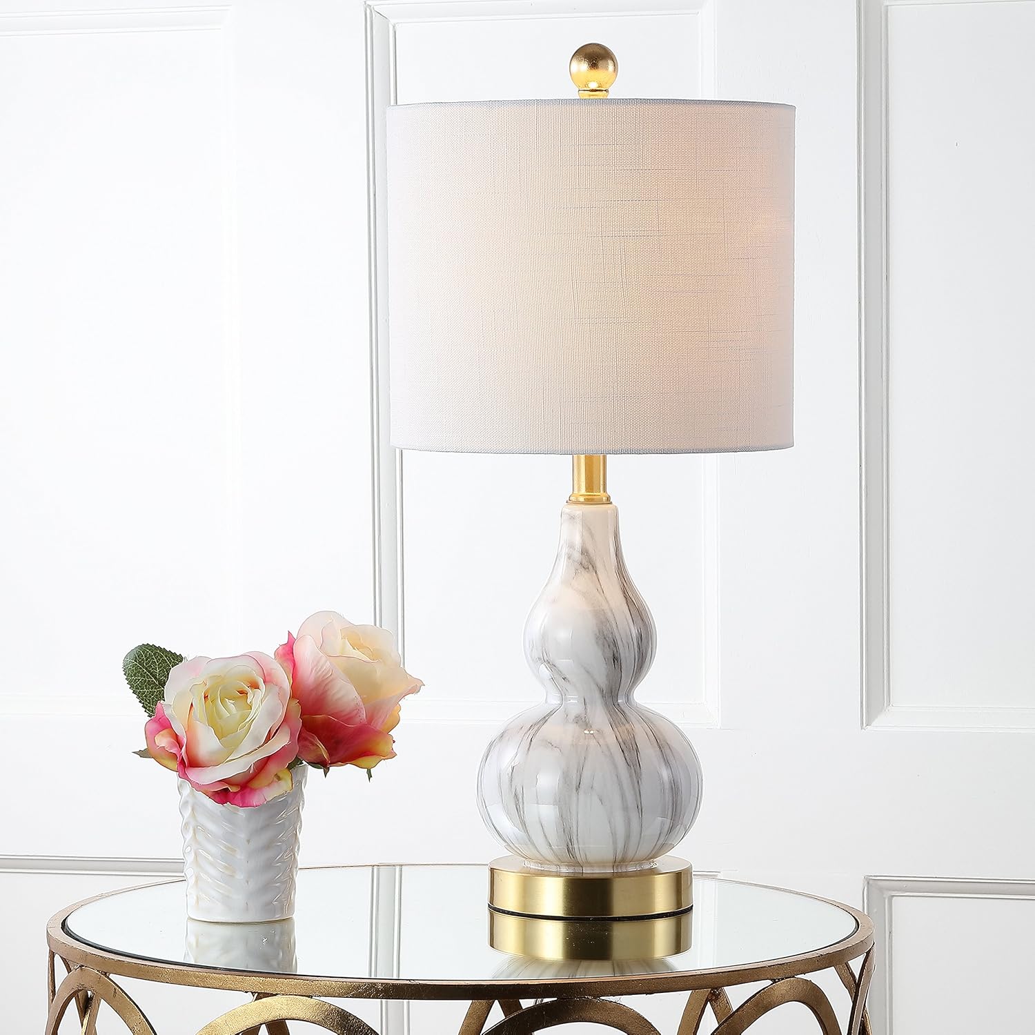 JONATHAN Y 20.5" Black/White Glass Table Lamp, Modern Gourd Bedside Nightstand Lamp for Bedroom, Living Room, White Linen Shade, LED Bulb…
