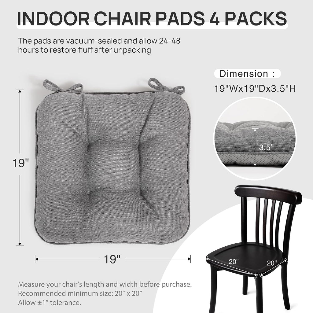 Love's cabin Memory Foam Chair Cushions Set of 4, 19"x19"x3.5" Indoor & Outdoor Seat Pads for Dining, Kitchen, Office, Patio Chairs - Grey