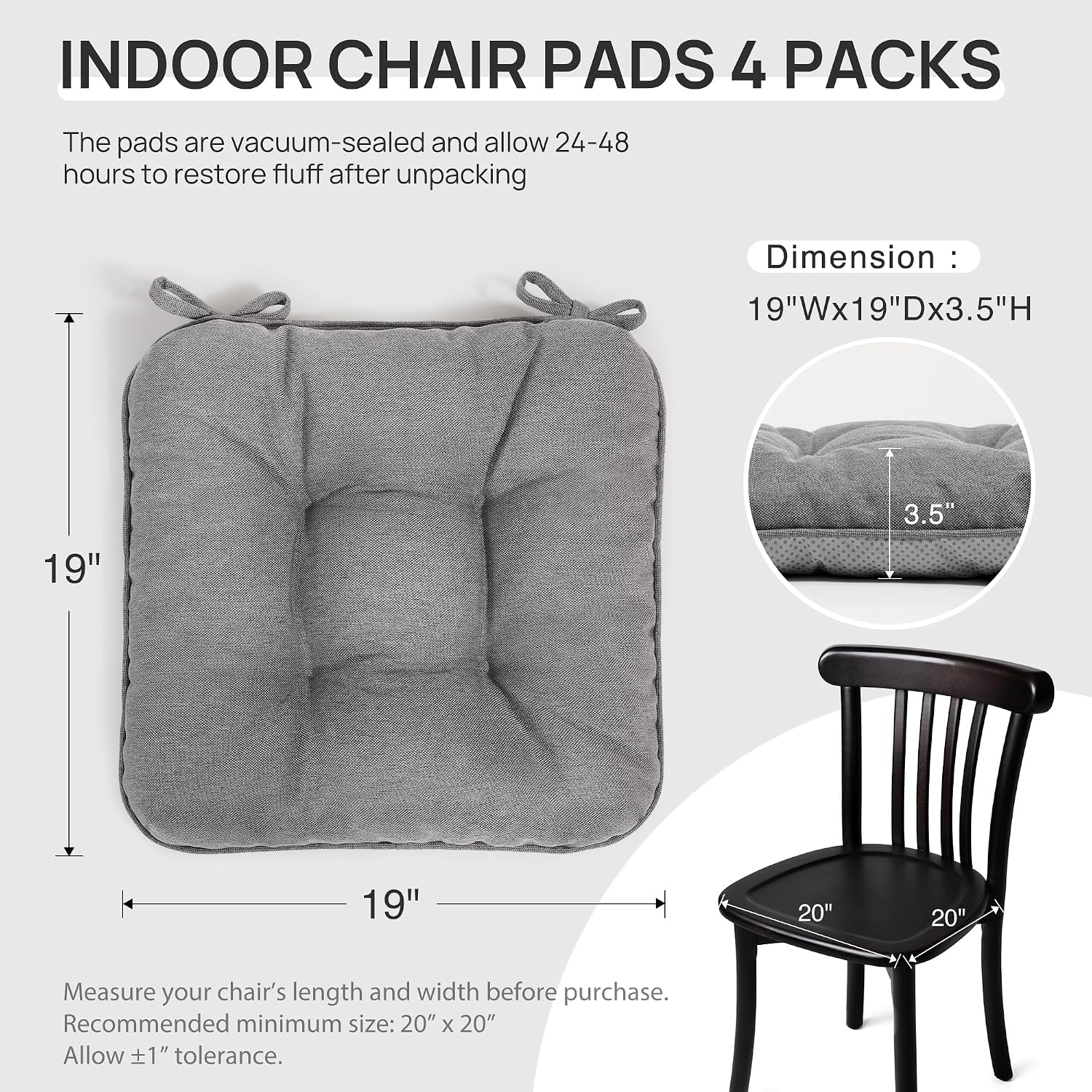 Love's cabin Memory Foam Chair Cushions Set of 4, 19"x19"x3.5" Indoor & Outdoor Seat Pads for Dining, Kitchen, Office, Patio Chairs - Grey
