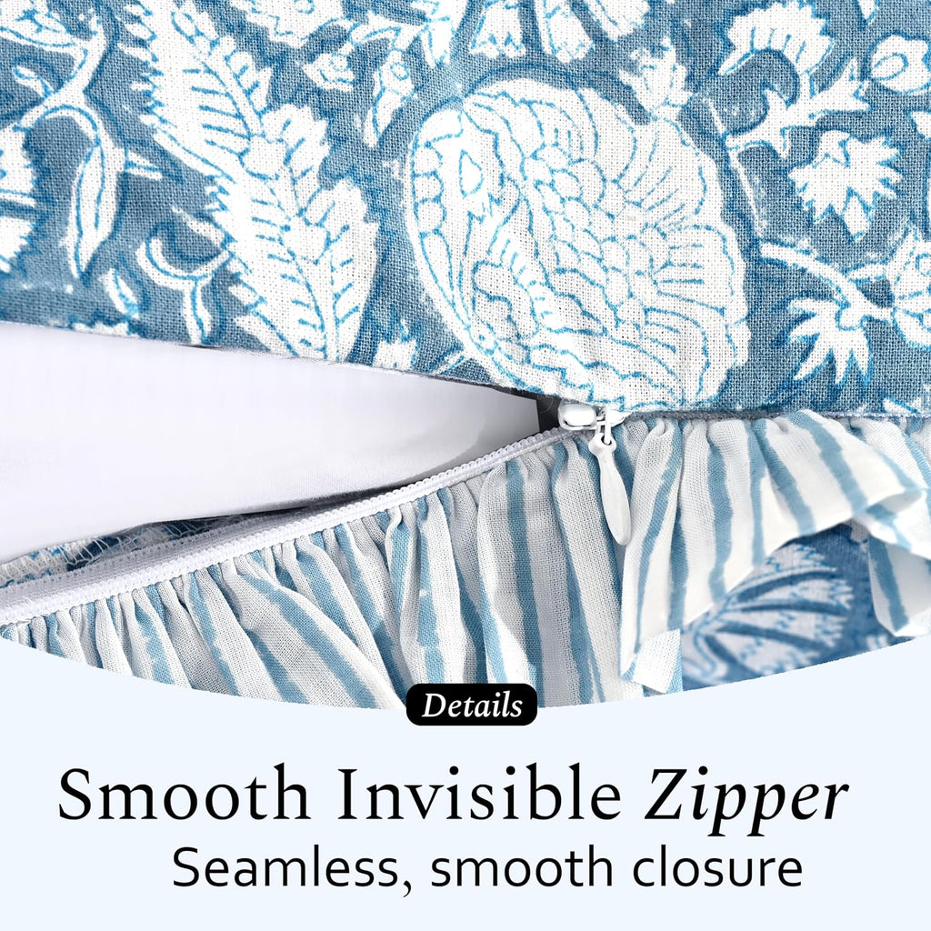 Cottonprintclub CPC Hand Block Print Blue Meadow Ruffle Sham Pillow Cover 20" x 12" inch Hidden Zipper Decorative Pillowcase for Couch, Bed…