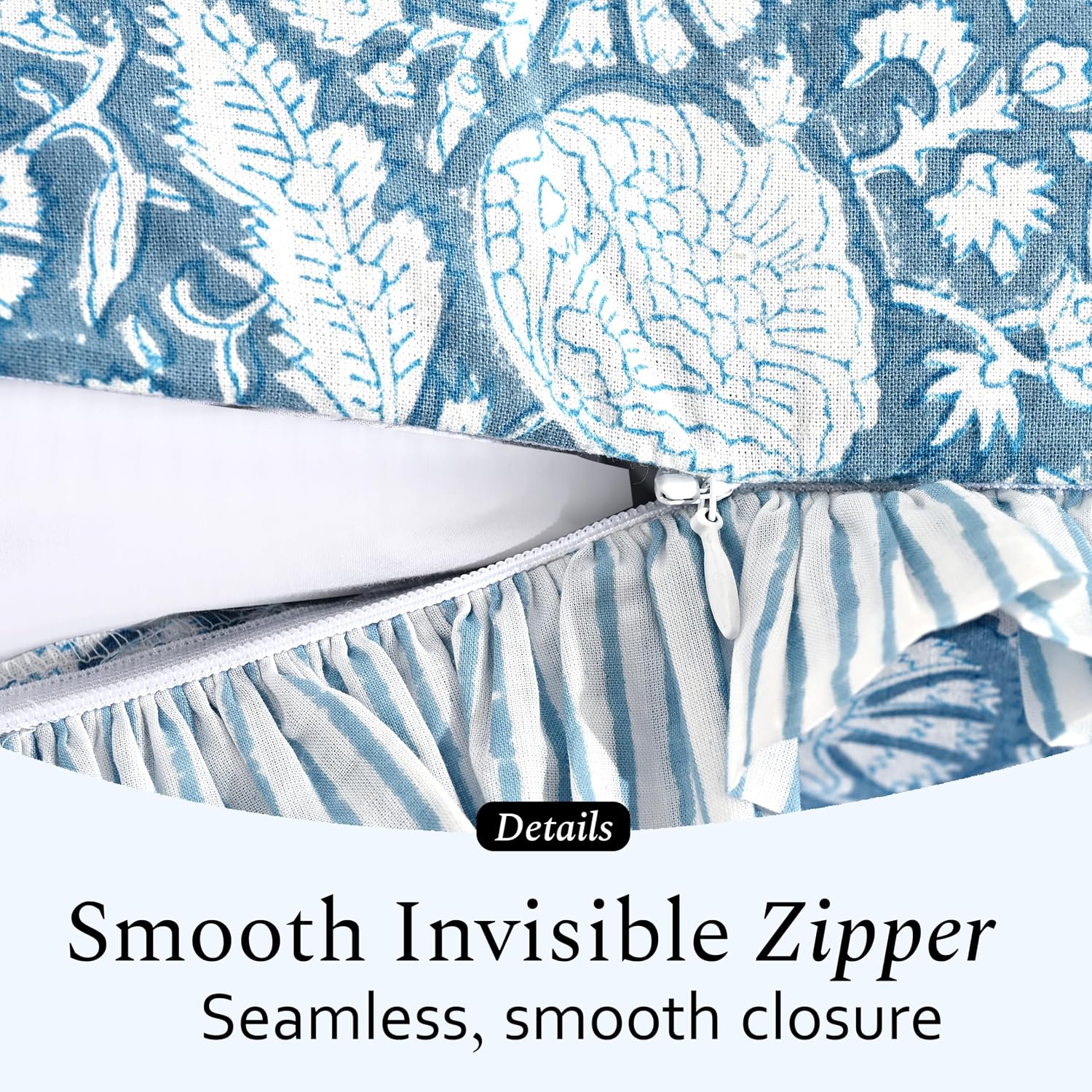 Cottonprintclub CPC Hand Block Print Blue Meadow Ruffle Sham Pillow Cover 20" x 12" inch Hidden Zipper Decorative Pillowcase for Couch, Bed…