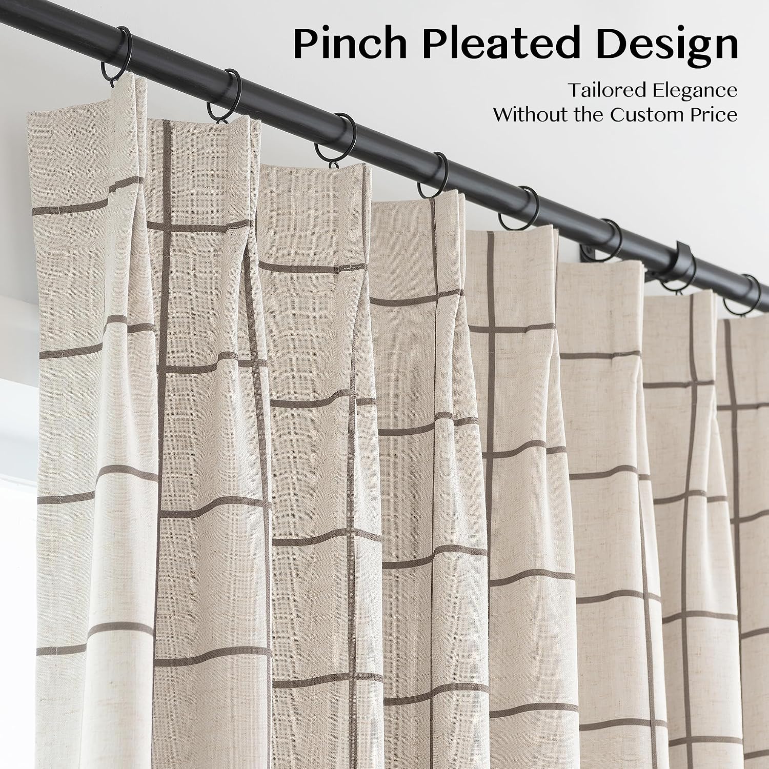 Threegirlshome THREE GIRLS Pinch Pleated Plaid Curtains Blackout Linen Gingham Brown Curtains for Living Room, Bedroom Checkered 90 Inches L…