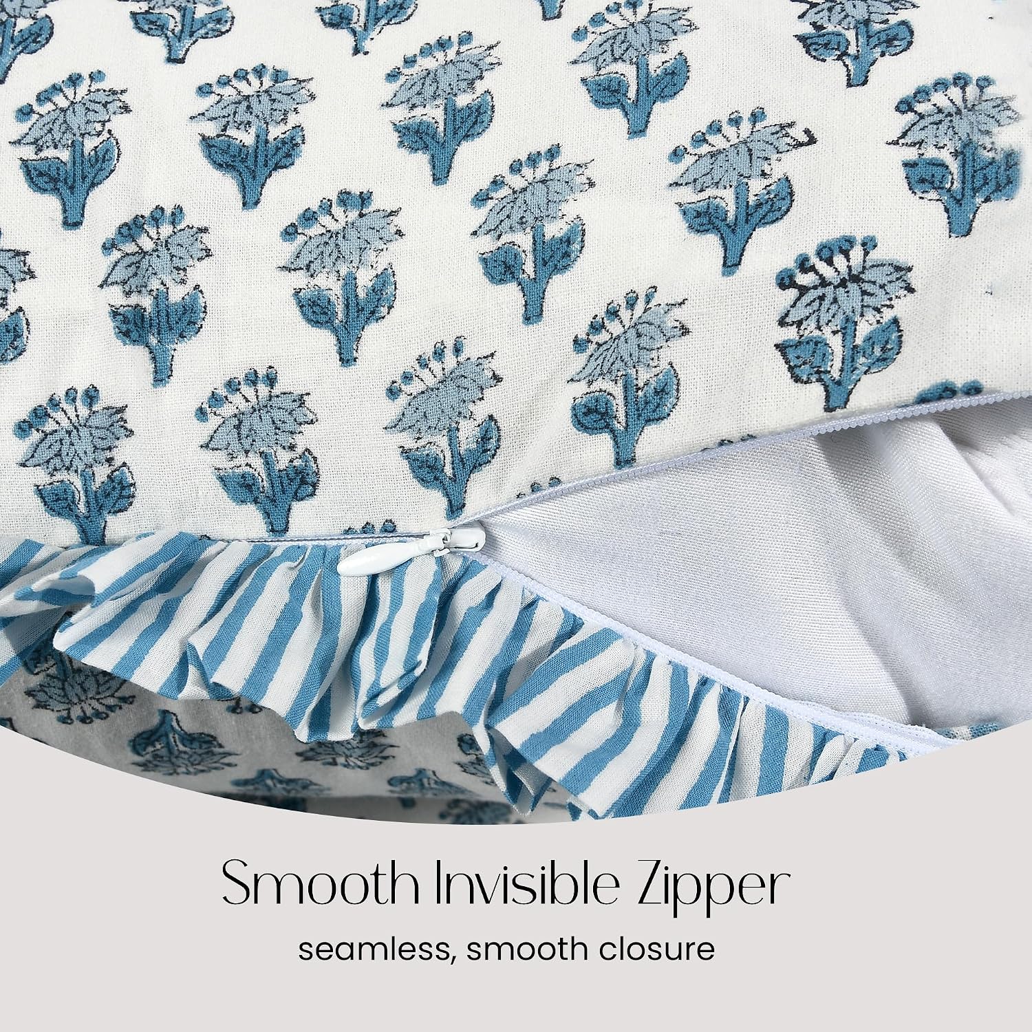 Cottonprintclub CPC Hand Block Print Apatite Blue Ruffle Sham Pillow Cover 36" x 14" inch Hidden Zipper Decorative Pillowcase for Couch, Be…