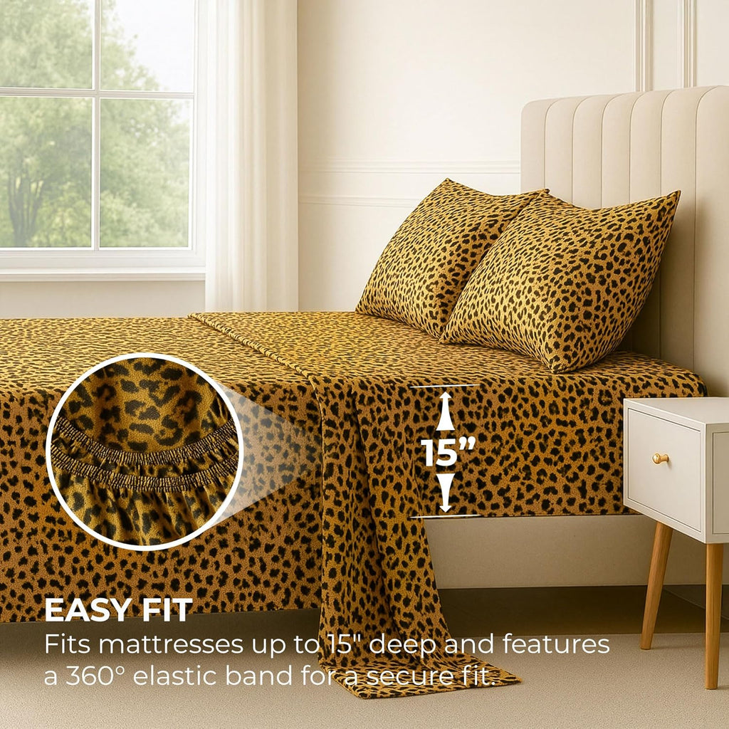 PureBedding Satin Sheets King [4-Piece, Gold Leopard] Hotel Luxury Silky Bed Sheets - Extra Soft 1800 Microfiber Sheet Set, Wrinkle, Fade,…