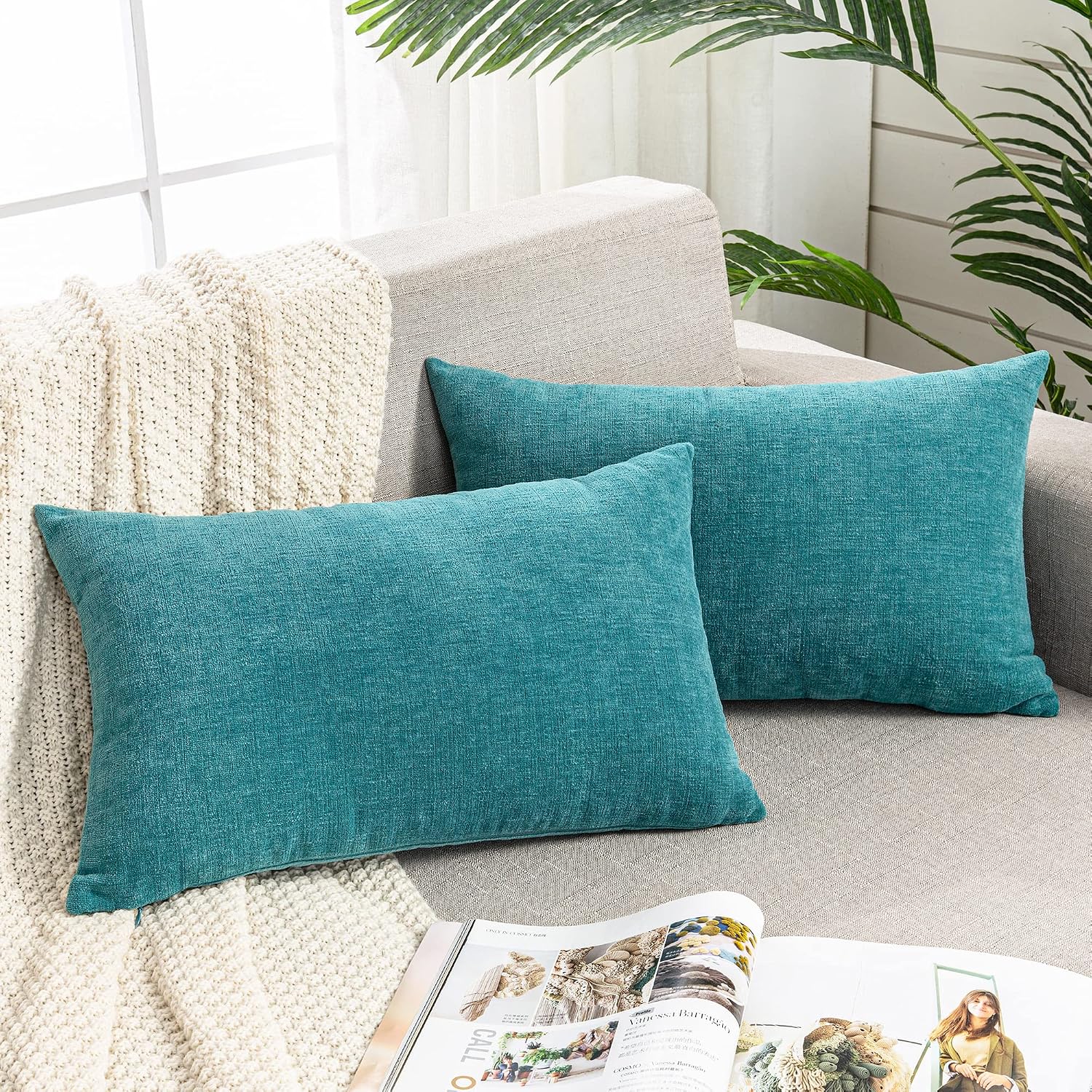 Gawamay Decorative Rectangle Throw Pillow Covers 12"x20" Inch Set of 2, Soft Chenille Lumbar Support Pillow Fall Pillowcase for Living Room…