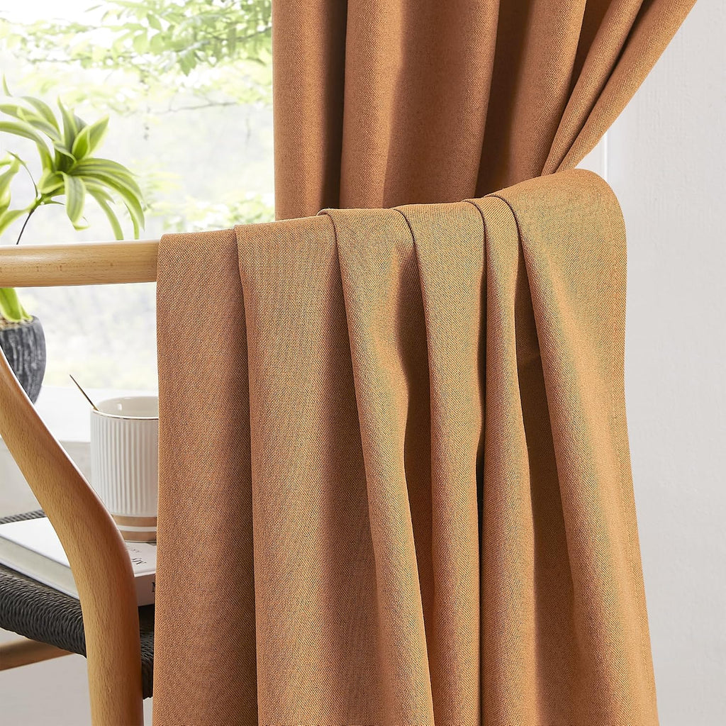 Keqiaosuocai Extra Long Burnt Orange Blackout Linen Curtains 2 Panels Set 120 Inch Length for Living Room and Bedroom - Hook Belt Back Tab…