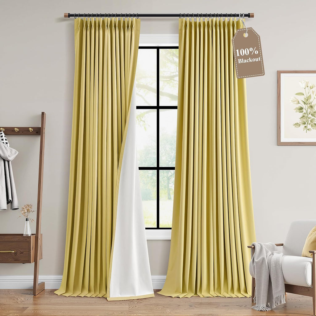 Boodii Yellow 100% Blackout Linen Pinch Pleated Curtains 112 Inches Long 2 Panels Set Thermal Insulated Modern Rustic Full Black Out Pivacy…