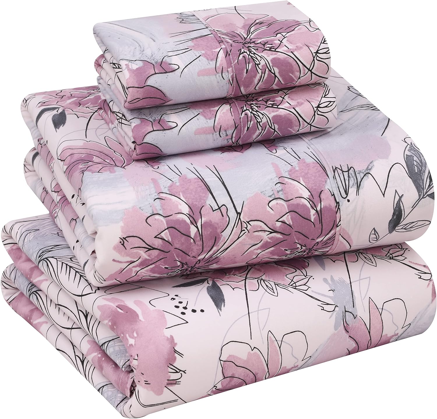 Ruvanti 100% Cotton Bed Sheets, 4 Pcs Bed Sets, Lilac Floral Print Full Size Sheets Set, Soft, Breathable, Deep Pocket Sheets, Cooling Bedd…