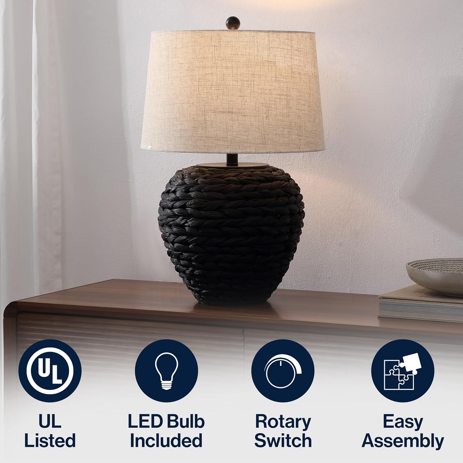 Jonathany JONATHAN Y 24.5" Black Water Hyacinth Farmhouse Basket Table Lamp, Coastal Decor for Living Room Bedroom Nightstand, Light Gray L…