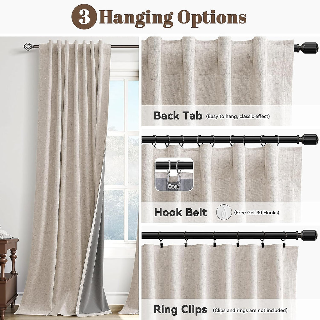 Guken Natural 100% Blackout Linen Curtains 102 Inch Length for Bedroom Back Tab Hook Belt Room Darkening Black Out Farmhouse Thermal Insula…