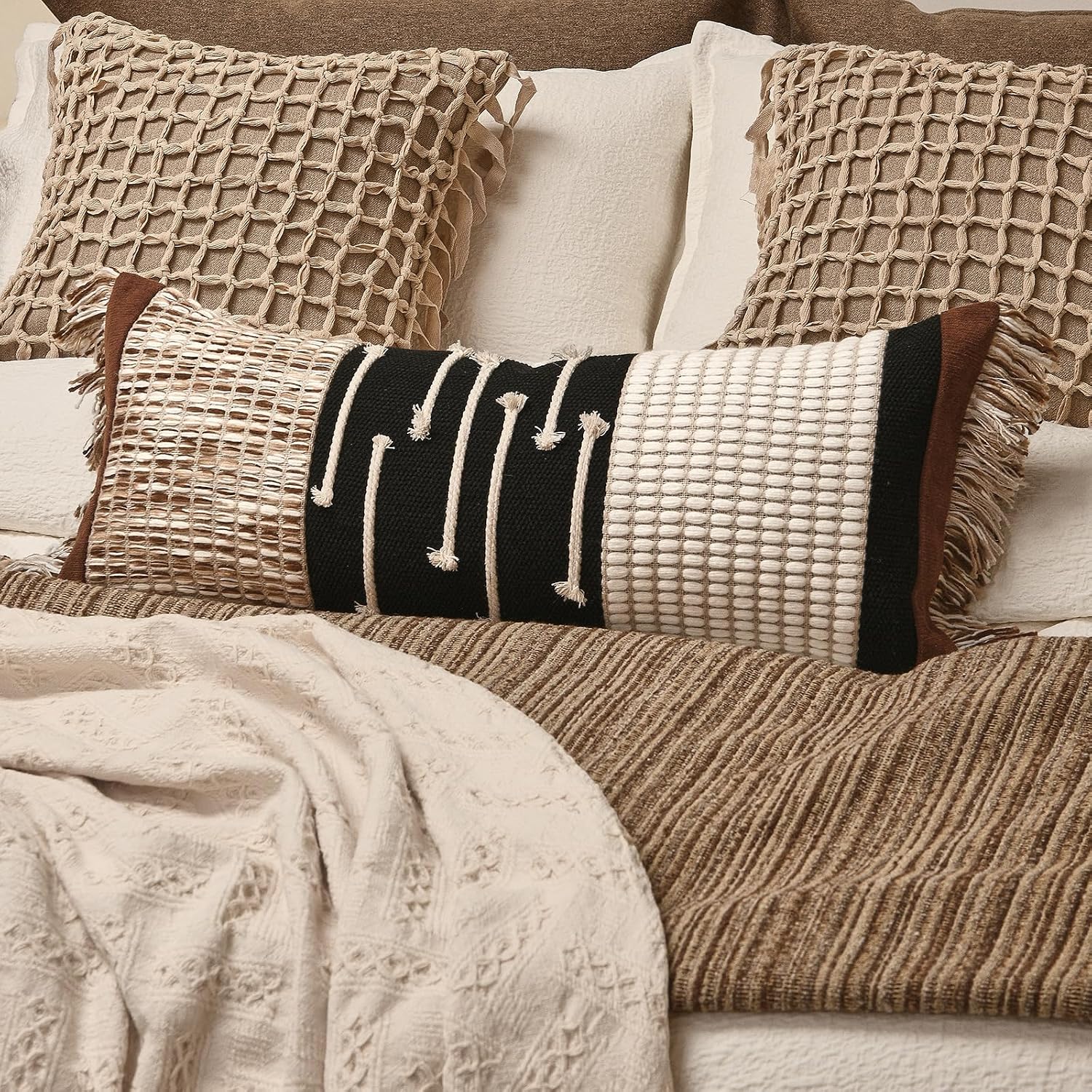 Aibuhome Boho Body Pillow Cover 12x28 Inches, Handwoven Cotton Linen Lumbar Pillow Cover with Tassels, Farmhouse Decorative Cushion Case fo…