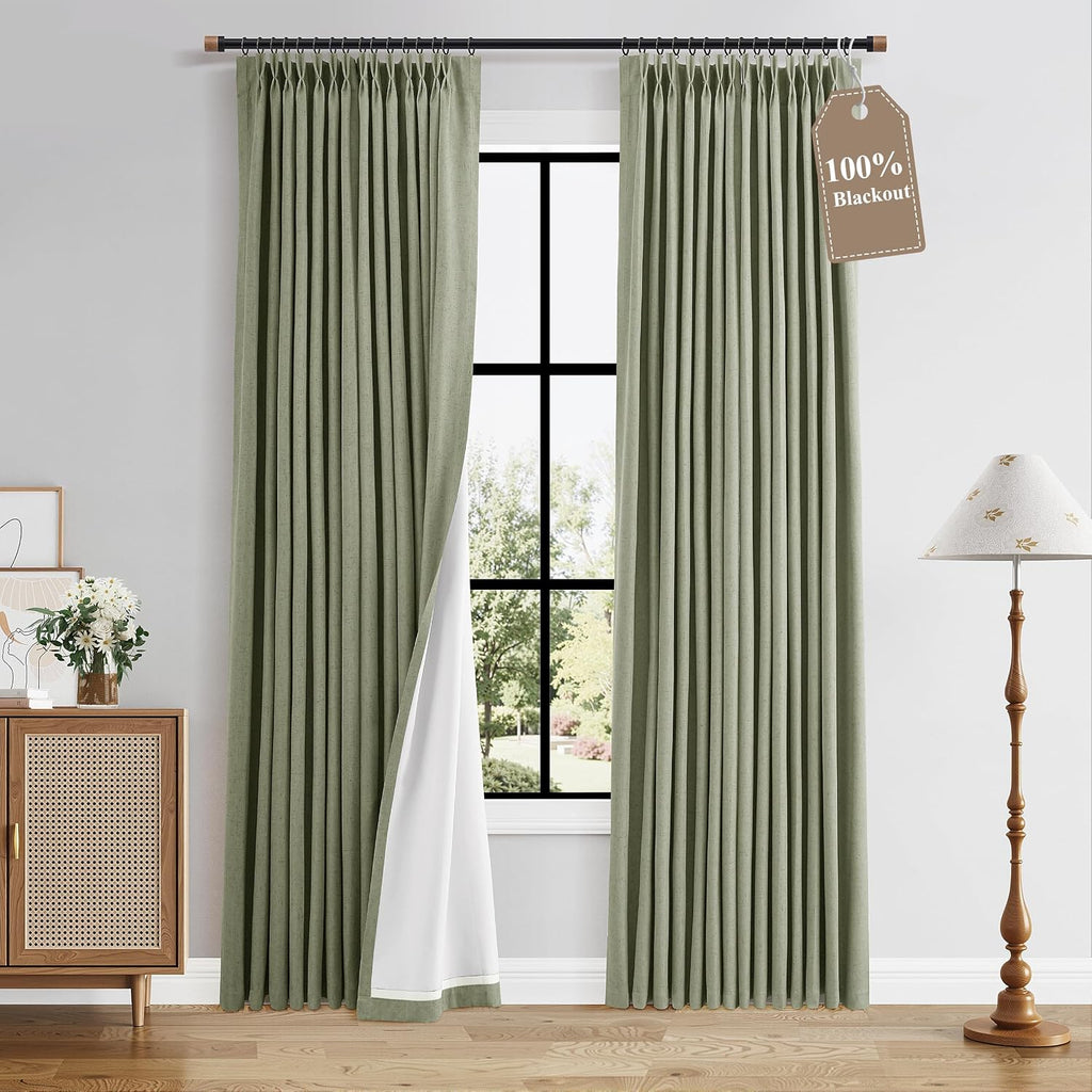 Boodii Sage Green 100% Blackout Linen Pinch Pleated Curtains for Bedroom 84 Inch Length Room Darkening Back Tab Window Curtain 84 Inches Lo…