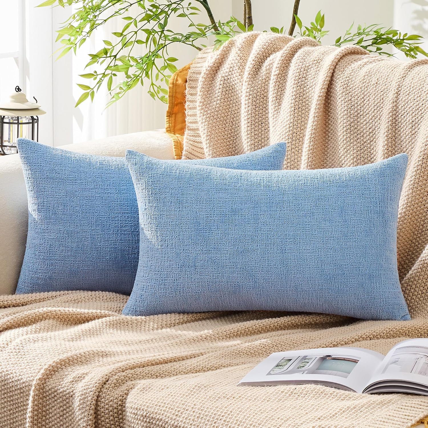 Gawamay Set of 2 Decorative Lumbar Soft Chenille Throw Pillow Covers 12x20 Inch, Boho Farmhouse Cushion Cases, Couch Pillow Covers for Livi…
