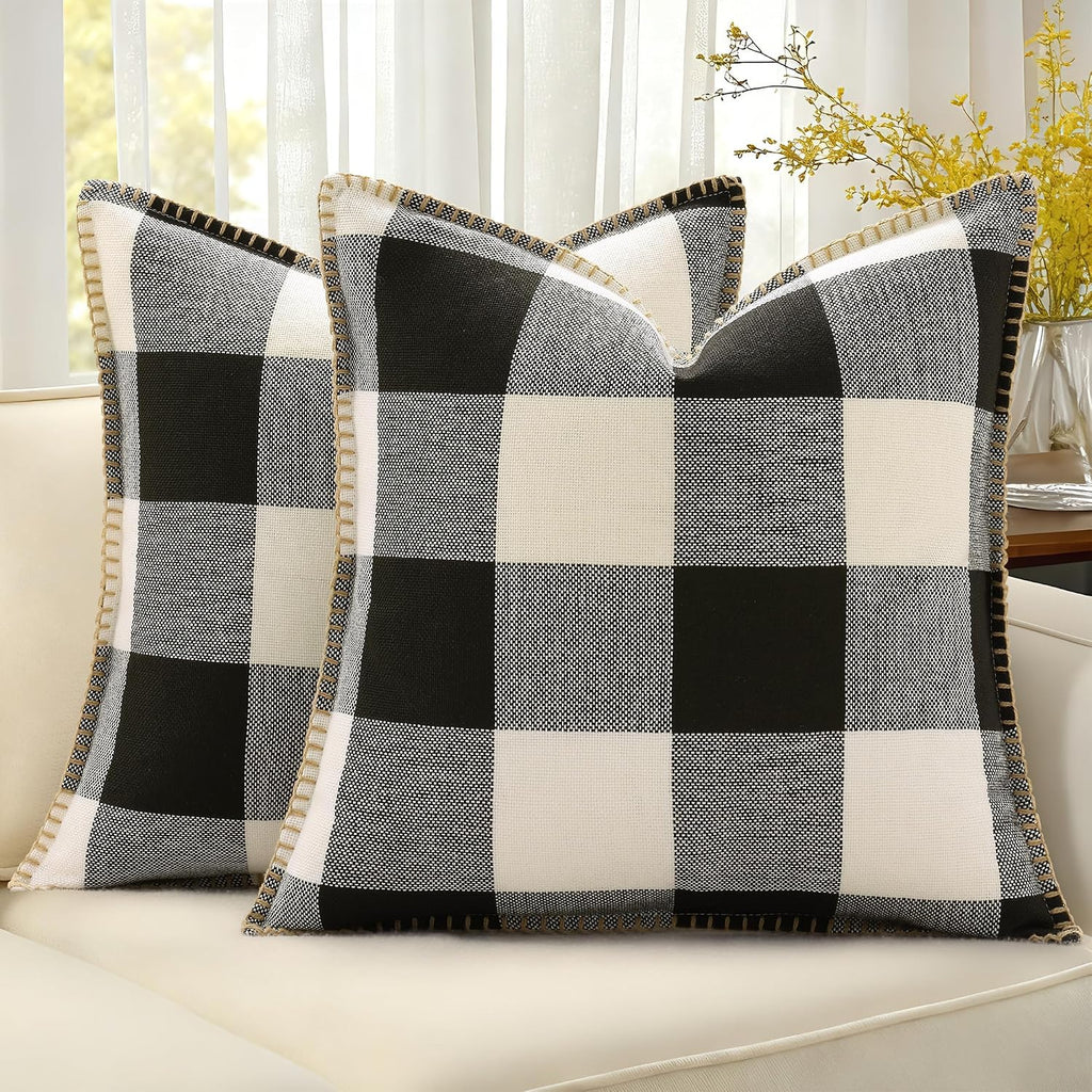 decorUhome Summer Buffalo Plaid Check Throw Pillow Covers 20x20 Set of 2 Outdoor Linen Decorative Farmhouse Gingham Pillow Covers with Stit…