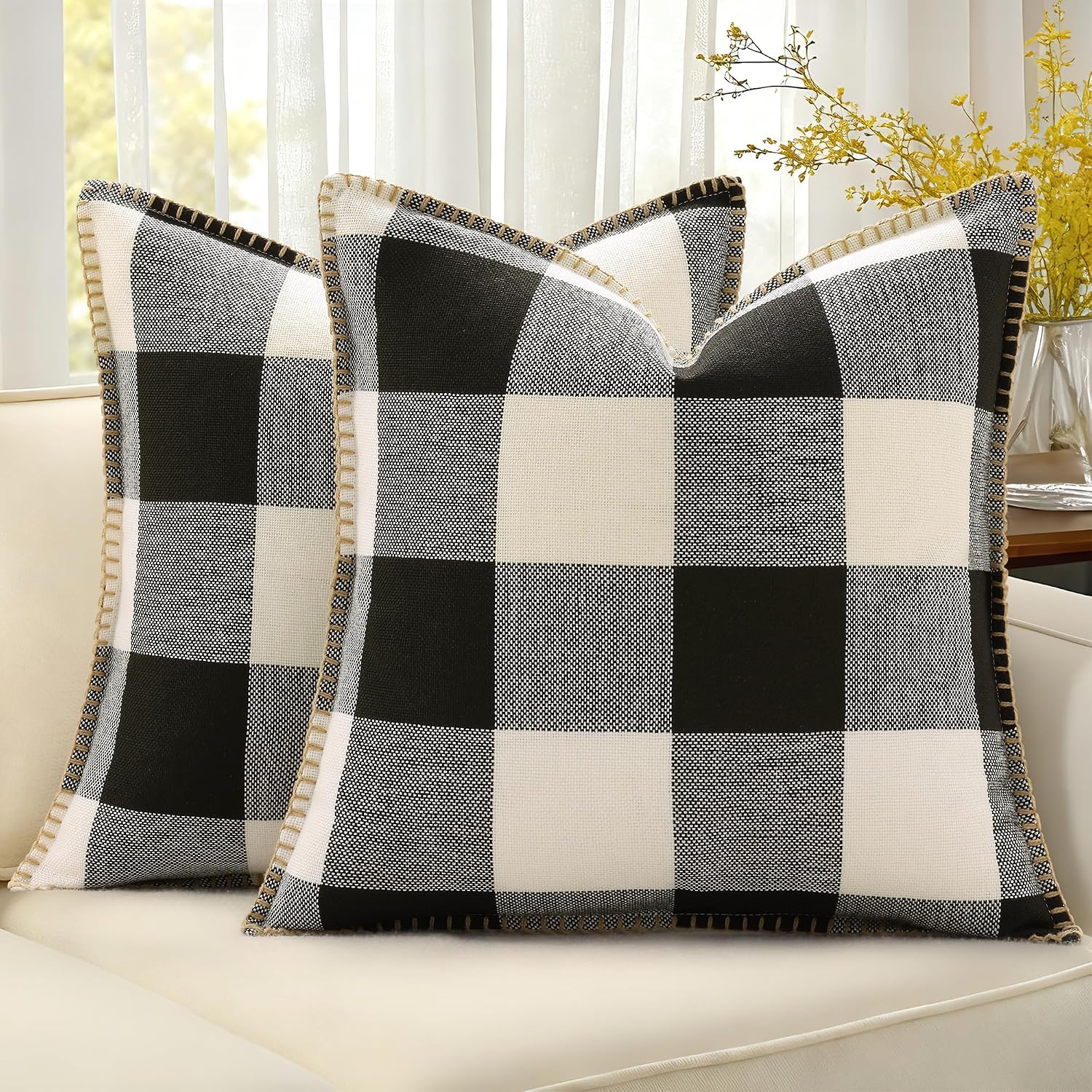 decorUhome Summer Buffalo Plaid Check Throw Pillow Covers 20x20 Set of 2 Outdoor Linen Decorative Farmhouse Gingham Pillow Covers with Stit…