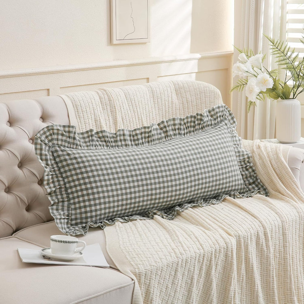 Qilunn 14x36 inches Sage Green Plaid Ruffle Lumbar Pillow Sham 1 Piece, Pure Cotton Gingham Decor Pillowcase French Country Vintage Cushion…