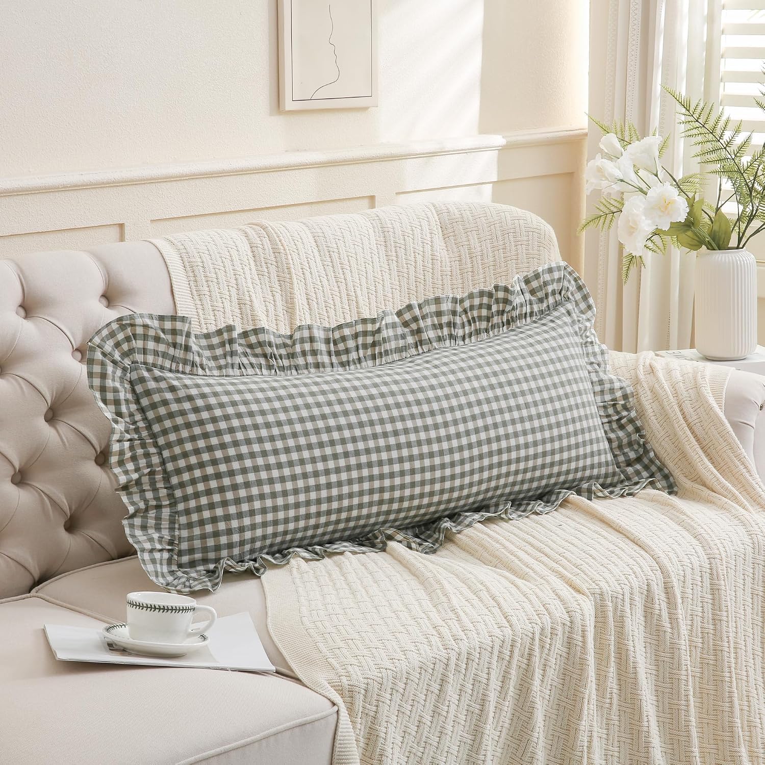 Qilunn 14x36 inches Sage Green Plaid Ruffle Lumbar Pillow Sham 1 Piece, Pure Cotton Gingham Decor Pillowcase French Country Vintage Cushion…