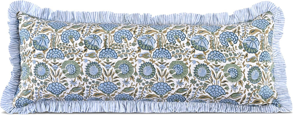Ridhi Block Print Asparagus Green 36"x14" Set 1-100% Cotton Ruffle Lumbar Sham Cover Boho Floral Pillowcase, Farmhouse Cottagecore…