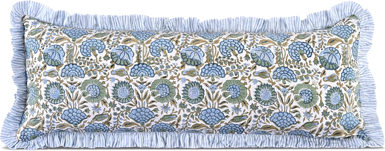 Ridhi Block Print Asparagus Green 36"x14" Set 1-100% Cotton Ruffle Lumbar Sham Cover Boho Floral Pillowcase, Farmhouse Cottagecore…