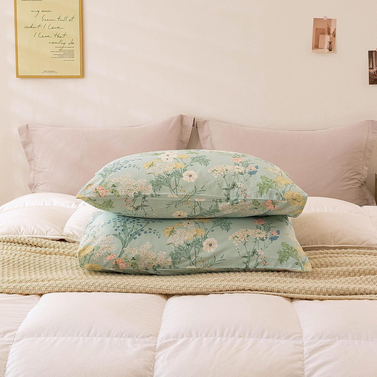 ECOCOTT Sage Green Floral King Standard Size Set of 2, 100% Washed Cotton Pillow Cases with Envelope Closure, Botanical Wildflower…