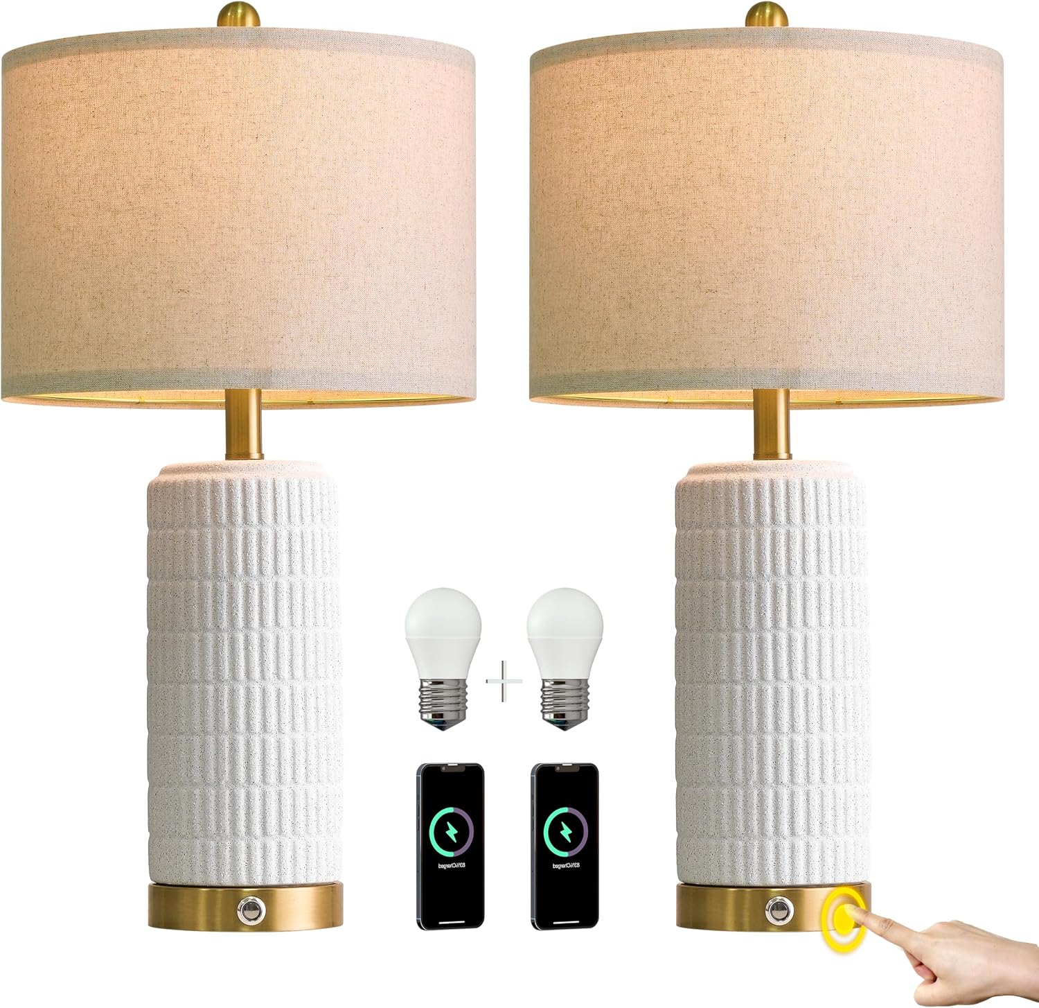 PoKat Stone-Like Ceramic Table Lamps with USB Ports for Bedroom, 25'' Matte-White Dimmable Nightstand Touch Lamps for Night Stands with…