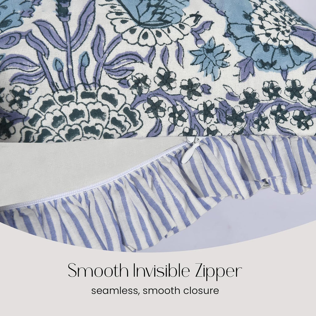 Cottonprintclub CPC Hand Block Print Indigo Blue Ruffle Sham Pillow Cover 36" x 14" inch Hidden Zipper Decorative Pillowcase for Couch, Bed…