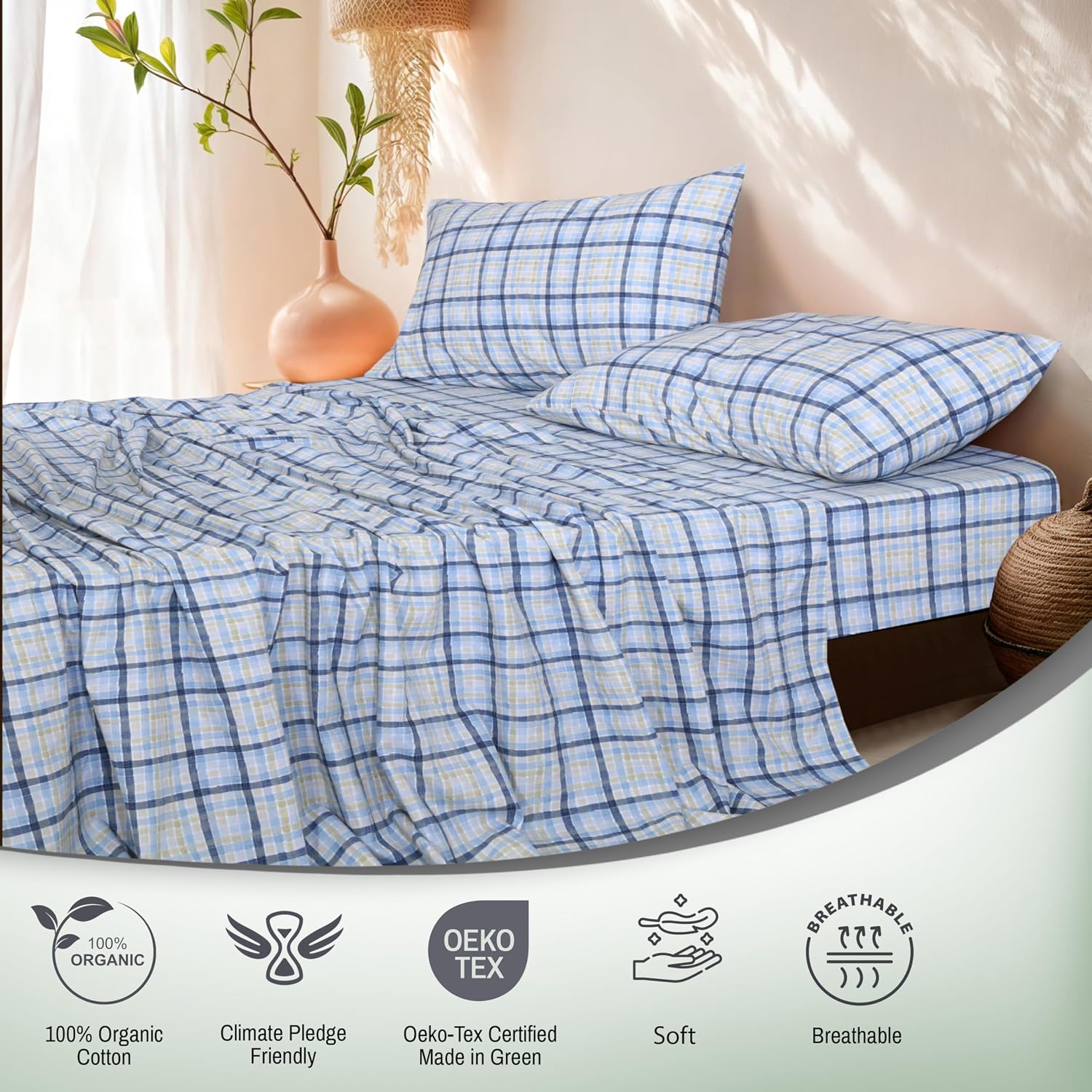 Ruvanti 100% Cotton Organic Percale Sheets Queen Size – Crisp Cooling Bed Sheets for Hot Sleepers, Deep Pocket 15”, Soft Peach Finish, Brea…
