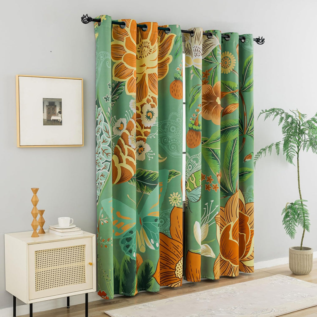 Tyrot Sage Green Boho Floral 100% Blackout Curtains for Bedroom 63 inch Long 2 Panels Butterfly Botanical Black Out Curtains for Living…