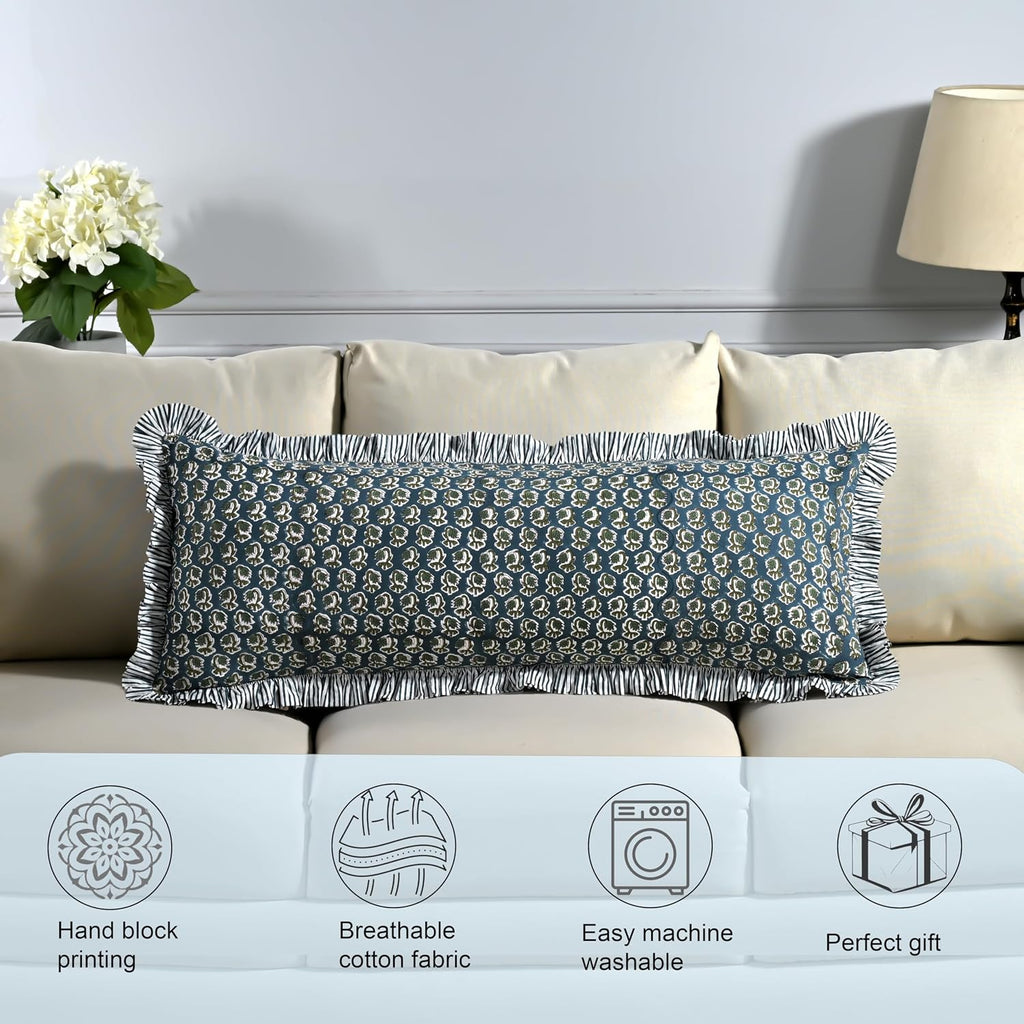 Ridhi Block Print Peacock Blue 36"x14" Set 1-100% Cotton Ruffle Lumbar Sham Cover Boho Floral Pillowcase, Farmhouse Cottagecore Bedding…
