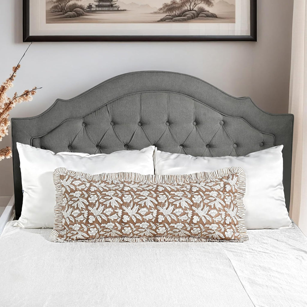 Ridhi Block Print Oak Brown 36"x14" Set 1-100% Cotton Ruffle Lumbar Sham Cover Boho Floral Pillowcase, Farmhouse Cottagecore Bedding…