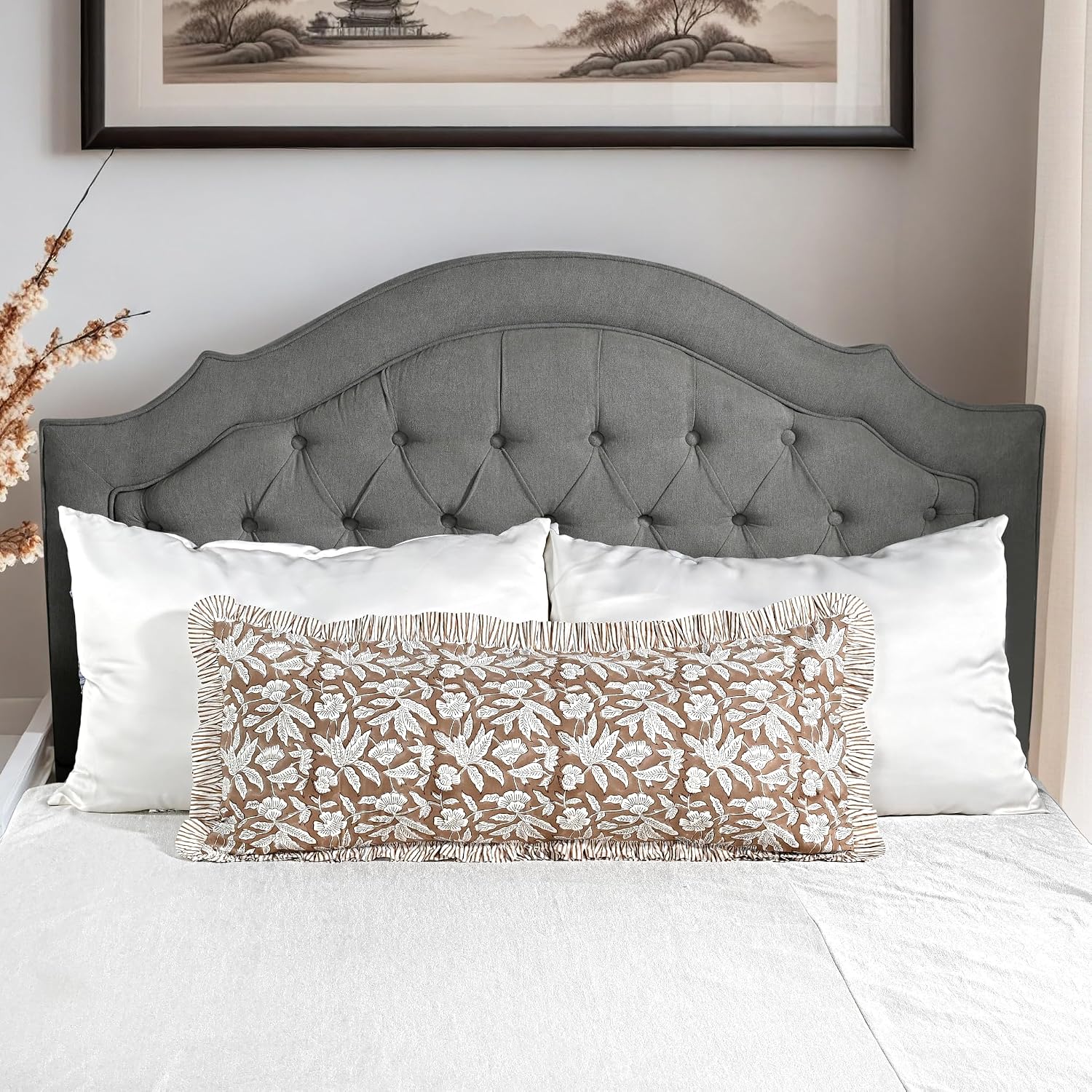 Ridhi Block Print Oak Brown 36"x14" Set 1-100% Cotton Ruffle Lumbar Sham Cover Boho Floral Pillowcase, Farmhouse Cottagecore Bedding…