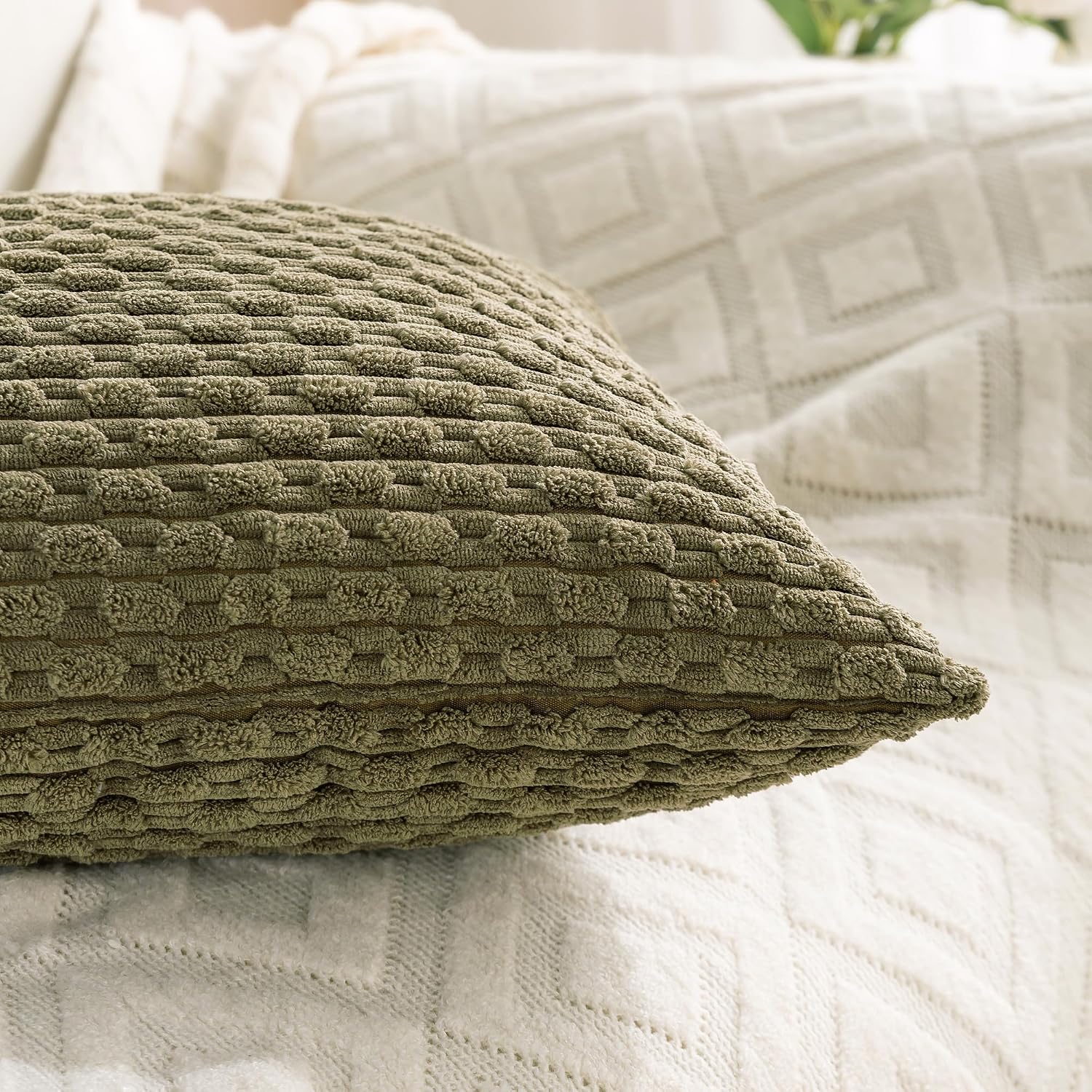 Cozoomy Set of 4 Olive Green Decorative Throw Pillow Covers 12x20 Inch Corduroy Pillow Covers for Bed Couch Sofa Living Room Soft Cushion C…