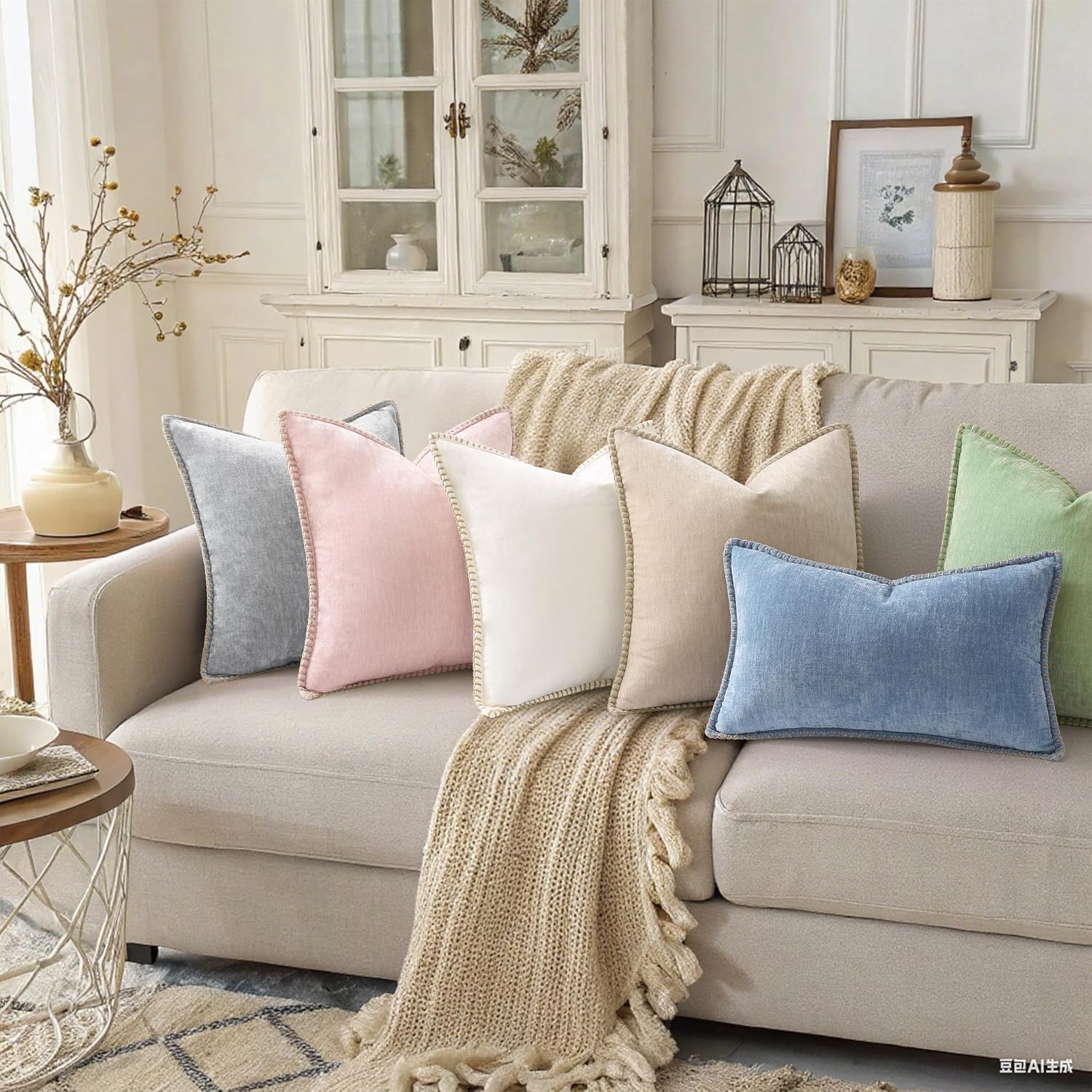 decorUhome Chenille Soft Cozy Throw Pillow Covers 18x18 Set of 2, Modern Farmhouse Boho Velvet Decorative Pillow Cases with Stitched Edge f…