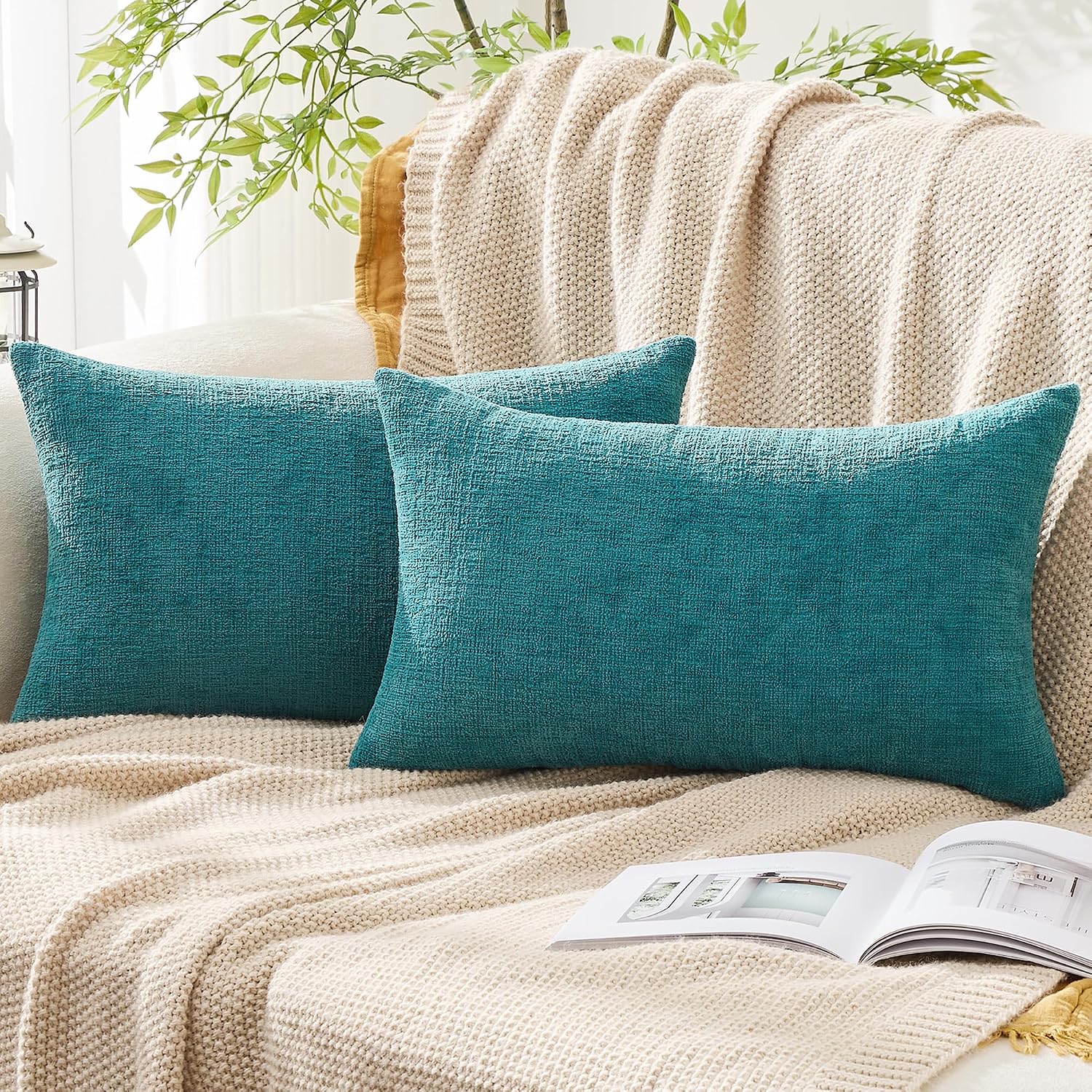 Gawamay Set of 2 Decorative Lumbar Soft Chenille Throw Pillow Covers 12x20 Inch (30x50 CM), Boho Farmhouse Cushion Cases, Couch Pillow Cove…