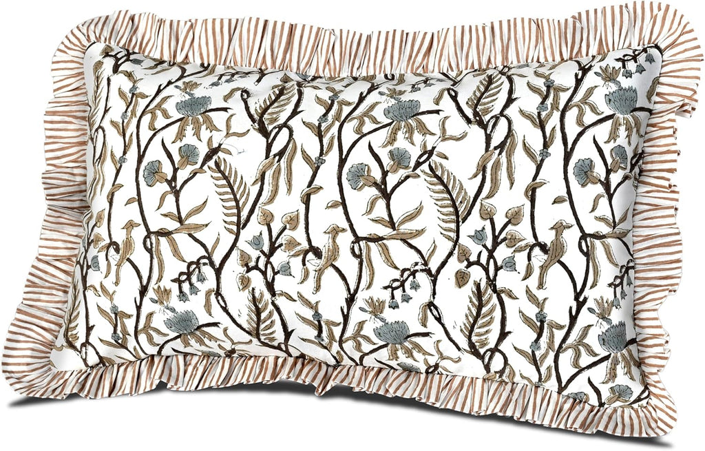 Cottonprintclub CPC Hand Block Print Cocoa Vine Ruffle Sham Pillow Cover 20" x 12" inch Hidden Zipper Decorative Pillowcase for Couch, Bed,…