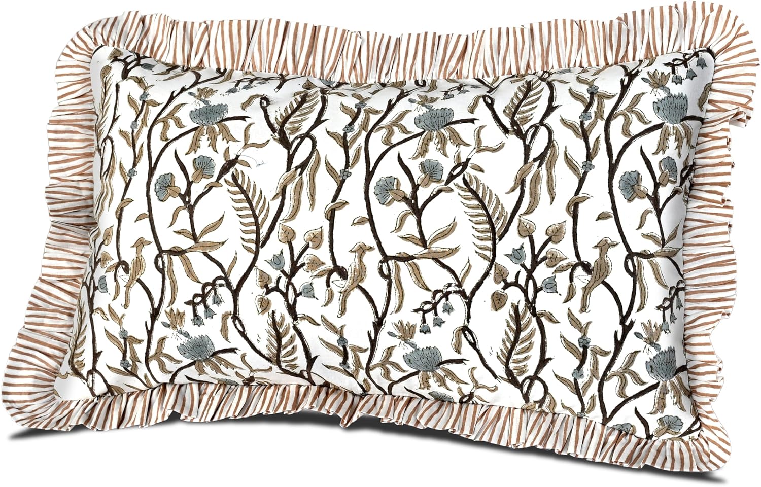 Cottonprintclub CPC Hand Block Print Cocoa Vine Ruffle Sham Pillow Cover 20" x 12" inch Hidden Zipper Decorative Pillowcase for Couch, Bed,…