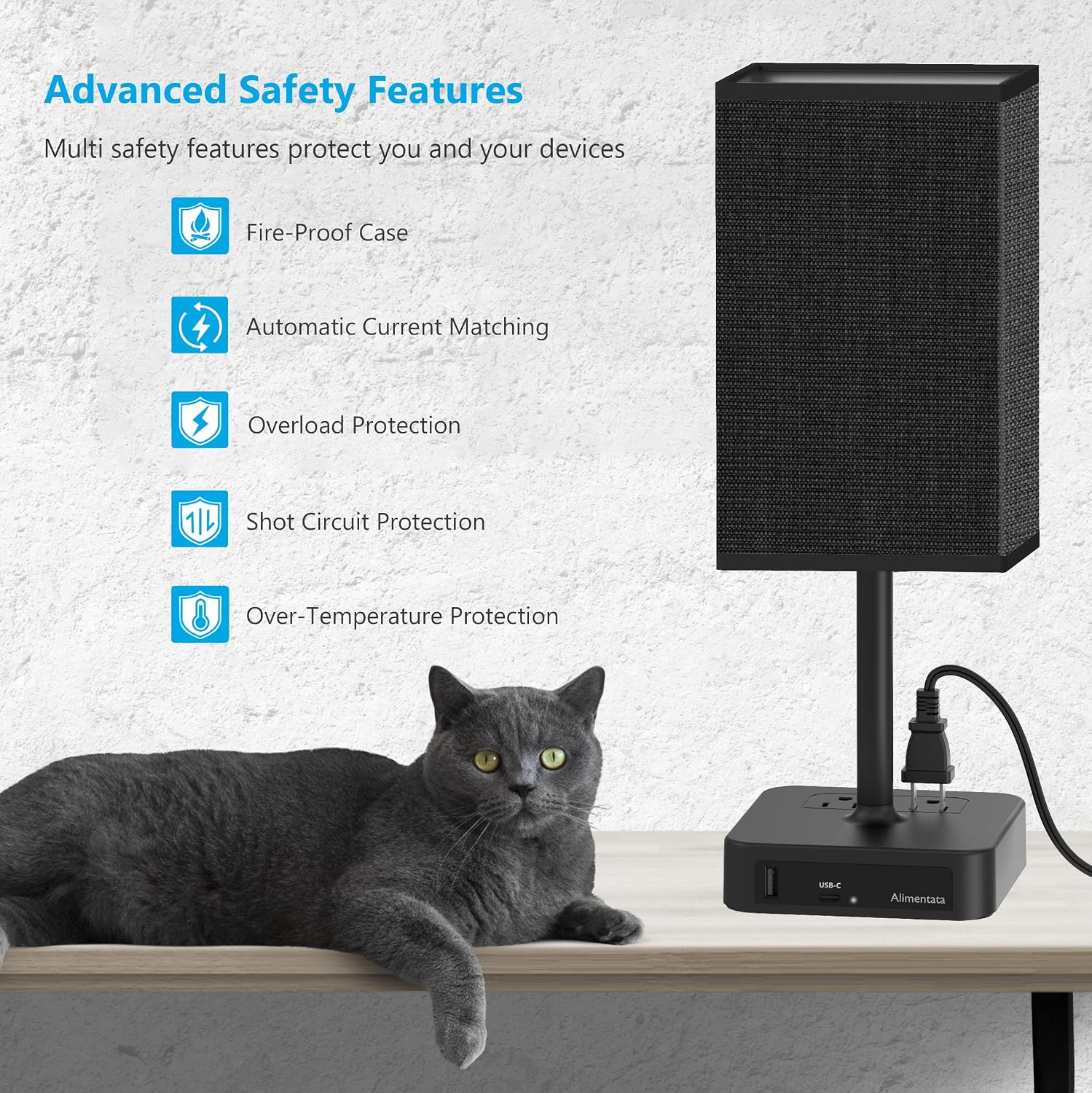 Bedside Table Lamp with Touch Control & USB C+A Charging Ports LED Desk Lamp with 2 AC Outlets, Minimalist Nightstand Light with Black…