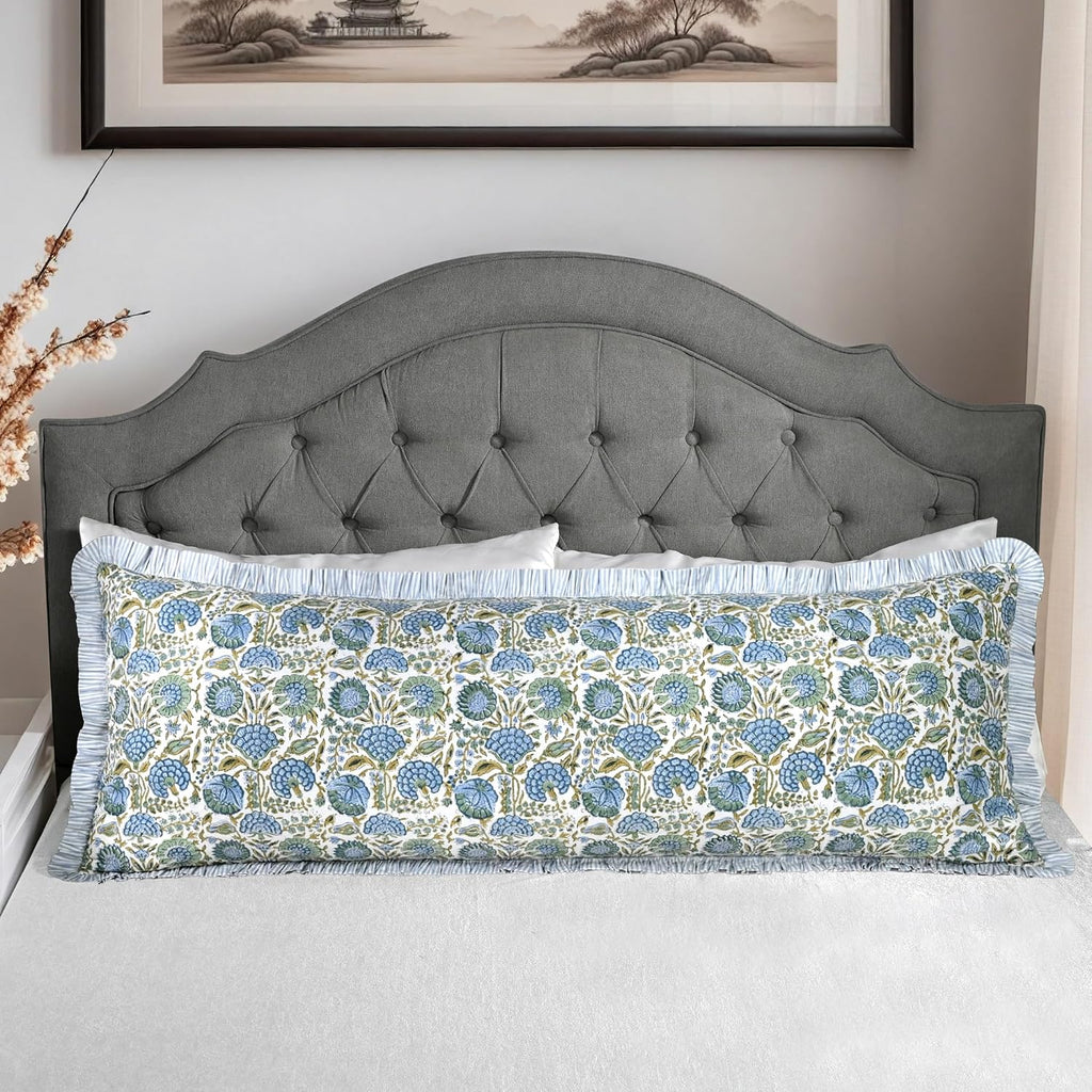 Ridhi Block Print Asparagus Green 54"x20" Set 1-100% Cotton Ruffle Lumbar Sham Cover Boho Floral Pillowcase, Farmhouse Cottagecore…