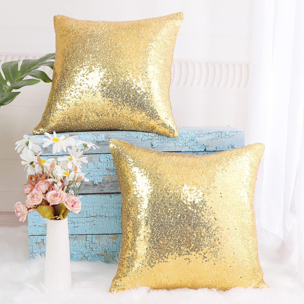 uxcell 2 Pcs Gold Tone Sequin Throw Pillow Covers, Shiny Sparkling Comfy Satin Sequin Cushion Covers, Decorative Pillowcases for…