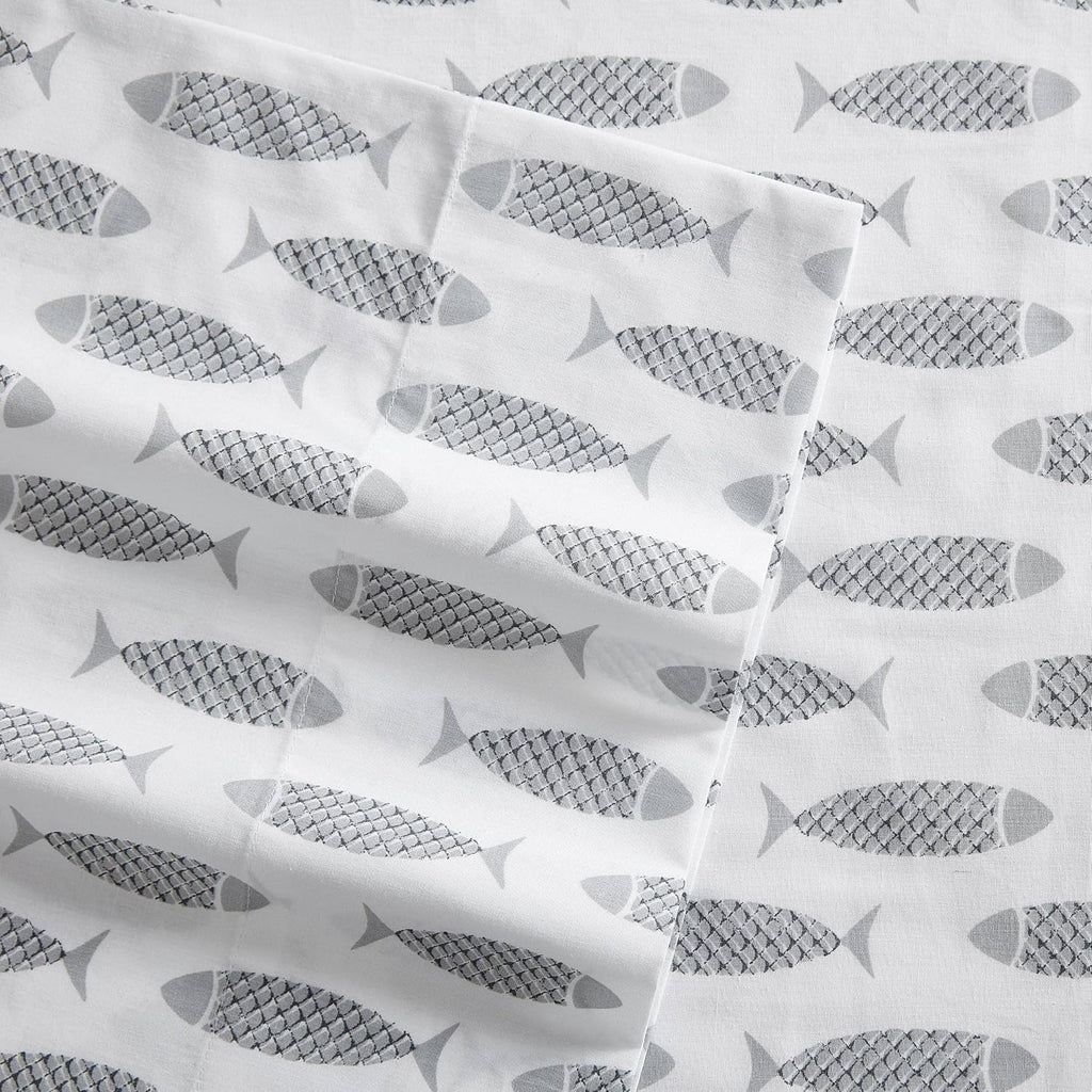 Nautica Full Size Sheet Sets, Cotton Percale Bedding Set, Crisp & Cool, Coastal Home Decor (Woodblock Fish Grey, Full) Cotton Grey