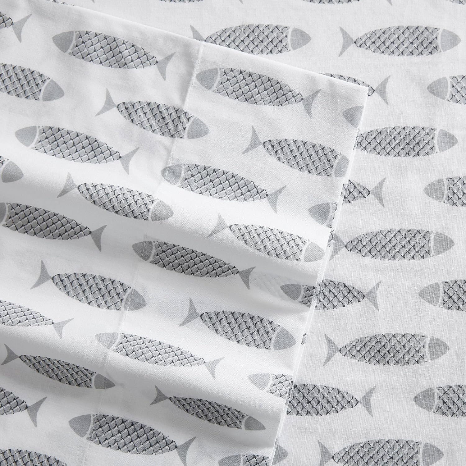 Nautica Full Size Sheet Sets, Cotton Percale Bedding Set, Crisp & Cool, Coastal Home Decor (Woodblock Fish Grey, Full) Cotton Grey
