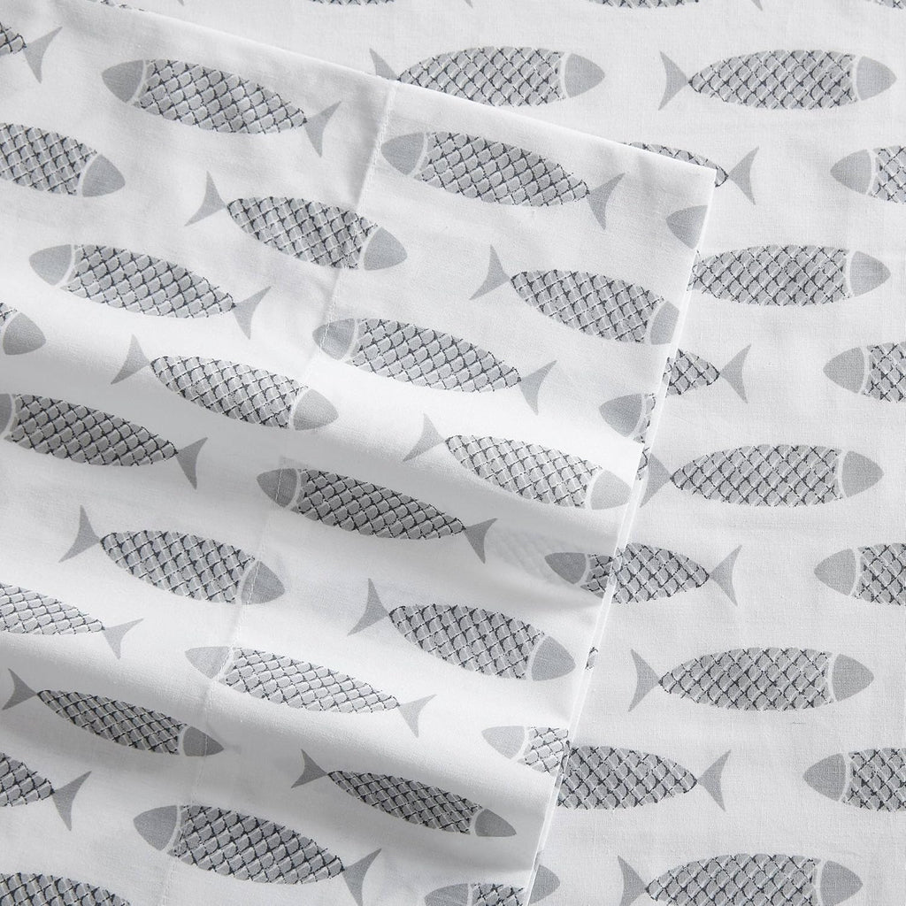 Nautica King Sheet Set, Cotton Percale Bedding Set, Crisp & Cool, Lightweight & Breathable (Woodblock Fish Grey, King) Cotton Grey