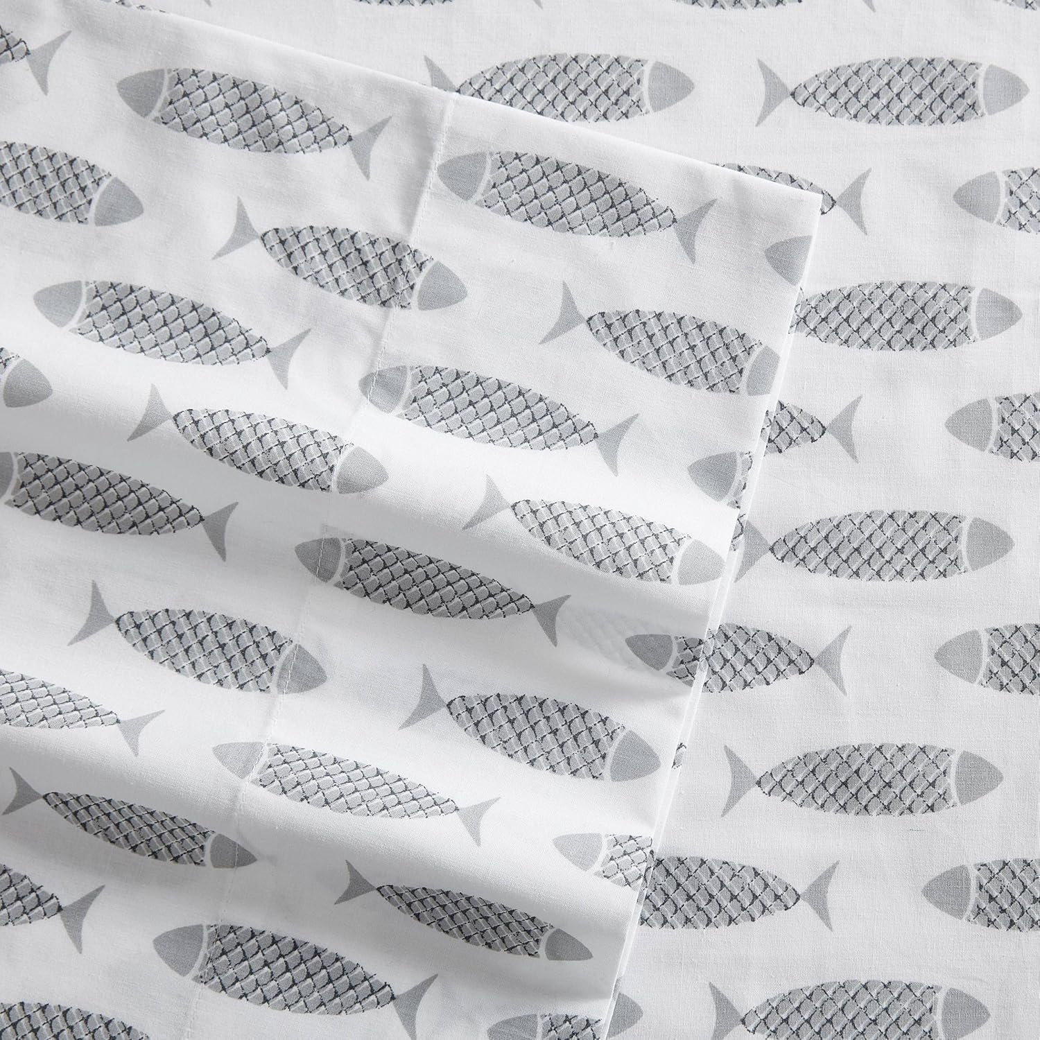 Nautica King Sheet Set, Cotton Percale Bedding Set, Crisp & Cool, Lightweight & Breathable (Woodblock Fish Grey, King) Cotton Grey