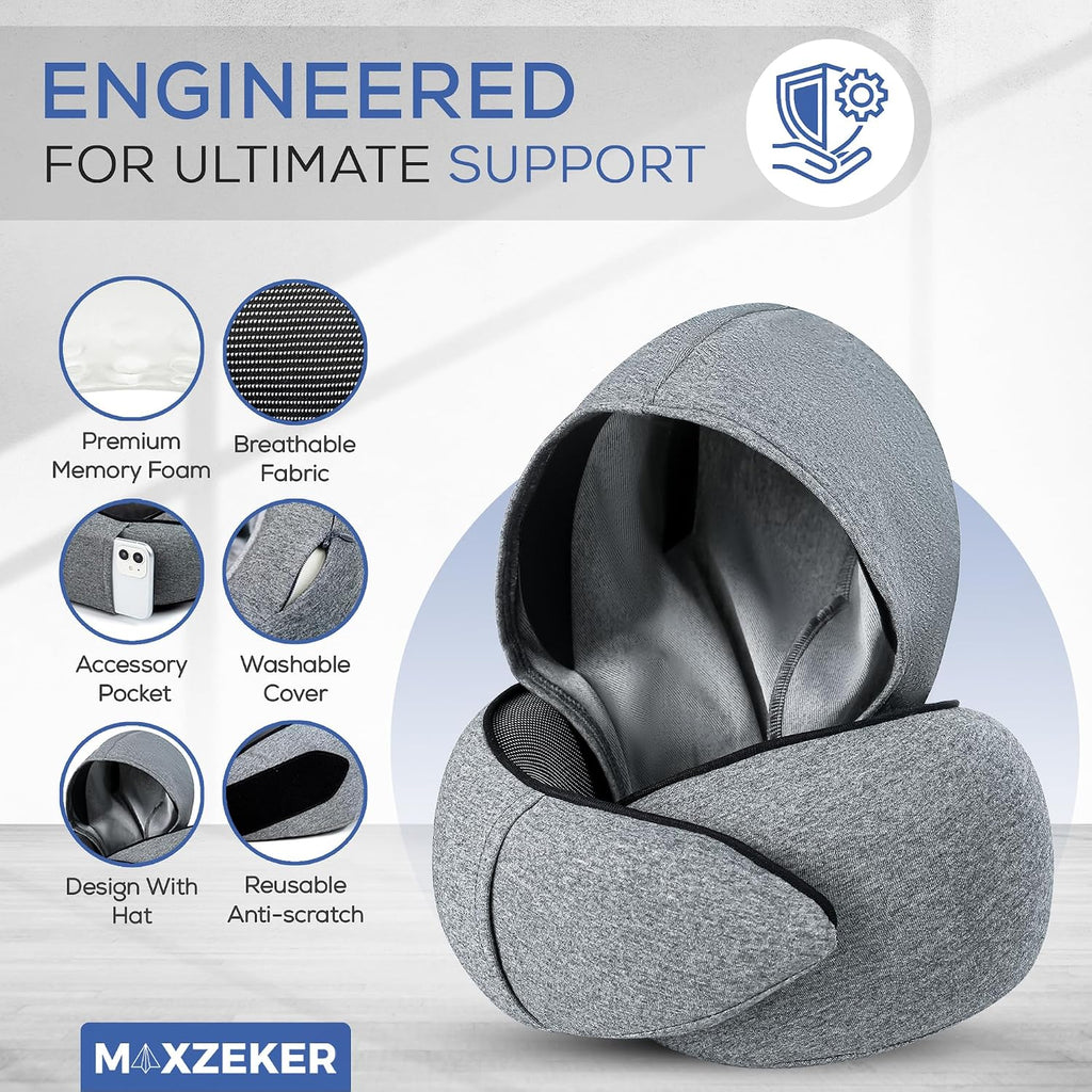 Travel Neck Pillows for Airplanes – Sleep Comfortably on Long Flights, Roadtrips, Home or Office. All-in-One Travel Sleep Kit with Hood…