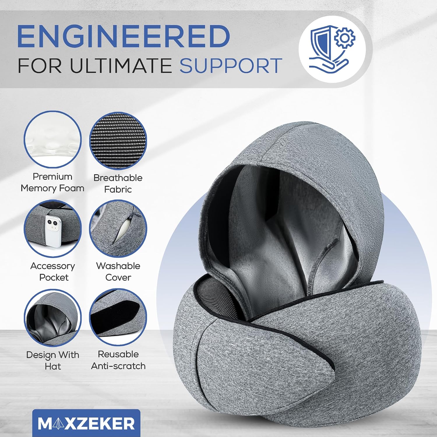 Travel Neck Pillows for Airplanes – Sleep Comfortably on Long Flights, Roadtrips, Home or Office. All-in-One Travel Sleep Kit with Hood…