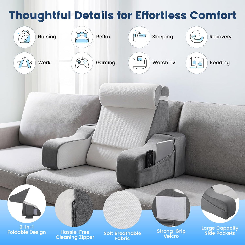 2 in 1 Foldable Reading Pillow for Bed, Back Pillow for Sitting up with Arms, 19 in Support Pillow for Sitting Up Rest Adult, Ergonomic…