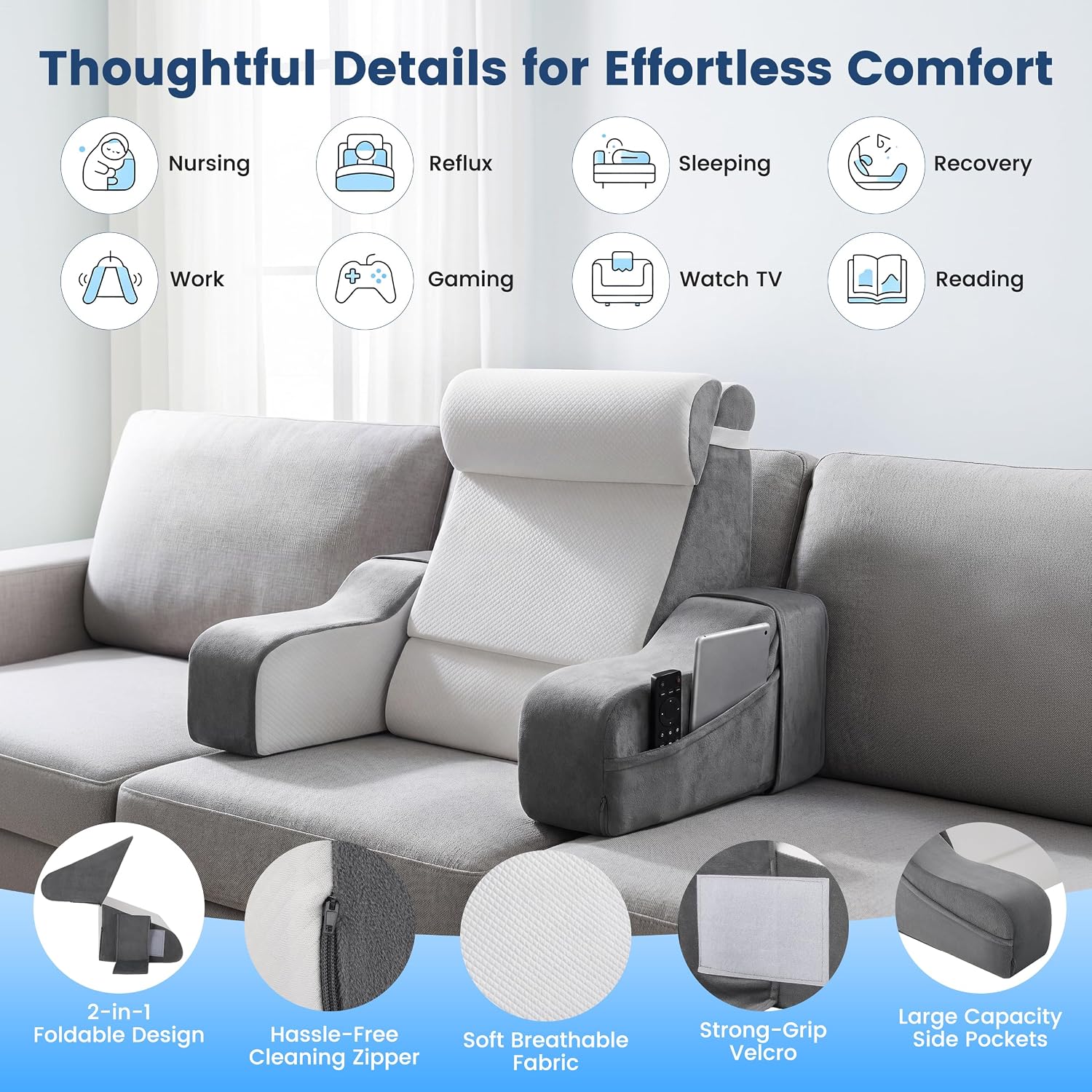 2 in 1 Foldable Reading Pillow for Bed, Back Pillow for Sitting up with Arms, 19 in Support Pillow for Sitting Up Rest Adult, Ergonomic…
